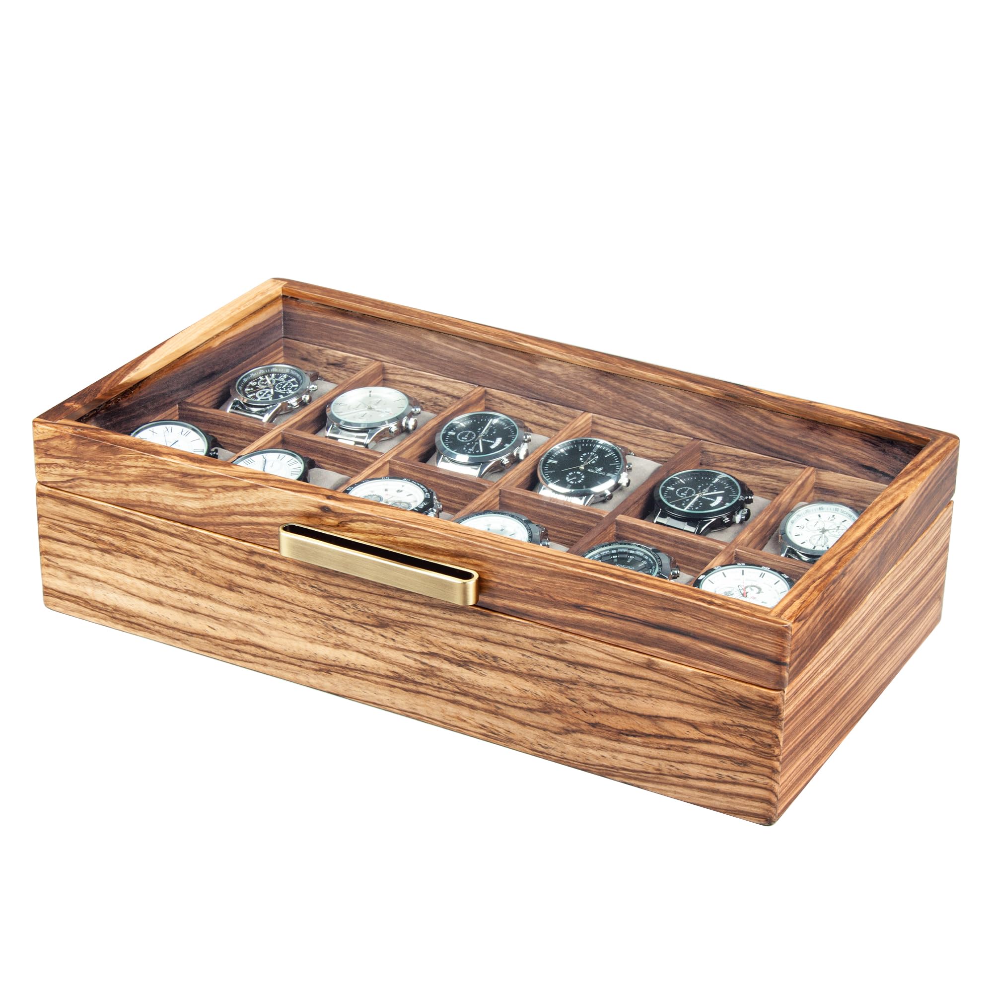 Premium Zebra Wood Watch Case for Men - 12-Slot Luxury Watch Box with Glass Lid & Soft Pillows | Watch Holder, Display Case & Organizer | Perfect Gift for Watch Collectors & Travel Storage Solution