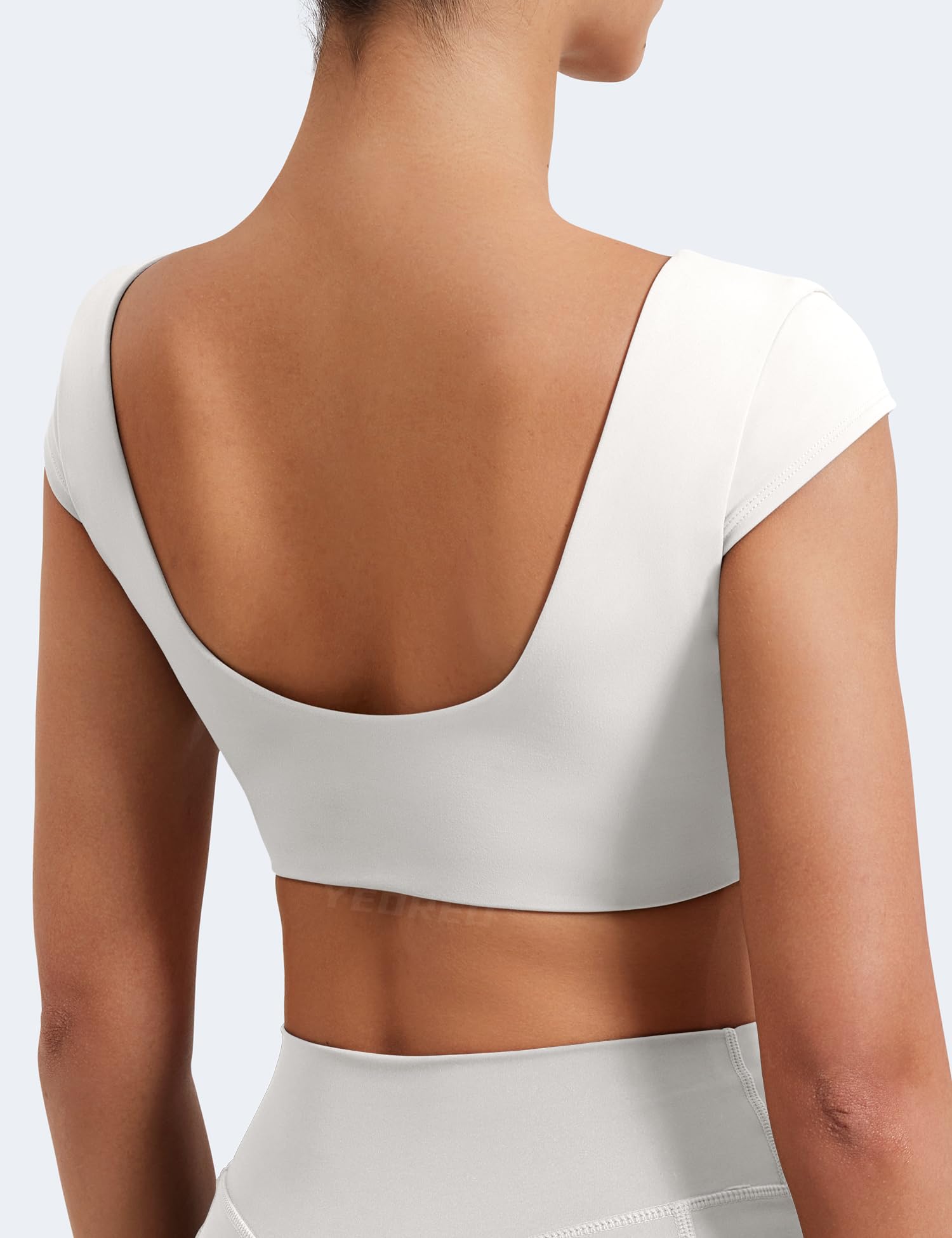 YEOREO Women's Square Neck Backless Tank Top with Built-in Bra - Summer Workout Crop Top, Cap Sleeve Slice Casual Shirt for Gym, Yoga, Beach & Night Out