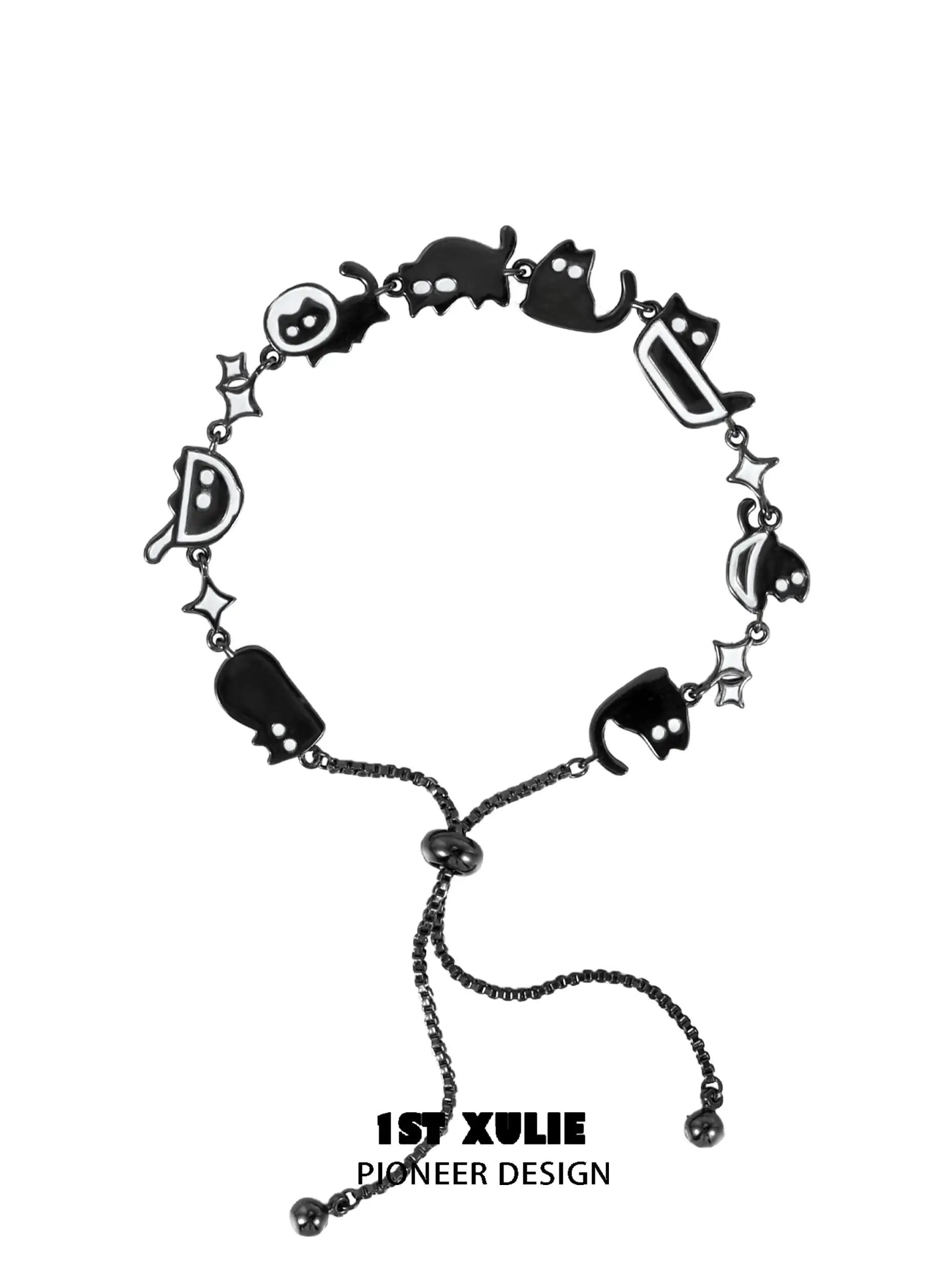 18K Black Gold Plated Ghost Black Cat Charm Bracelet with Drawstring Closure - Elegant Gothic Jewelry for Women, Perfect for Halloween Parties & Witchy Fashion Accessories