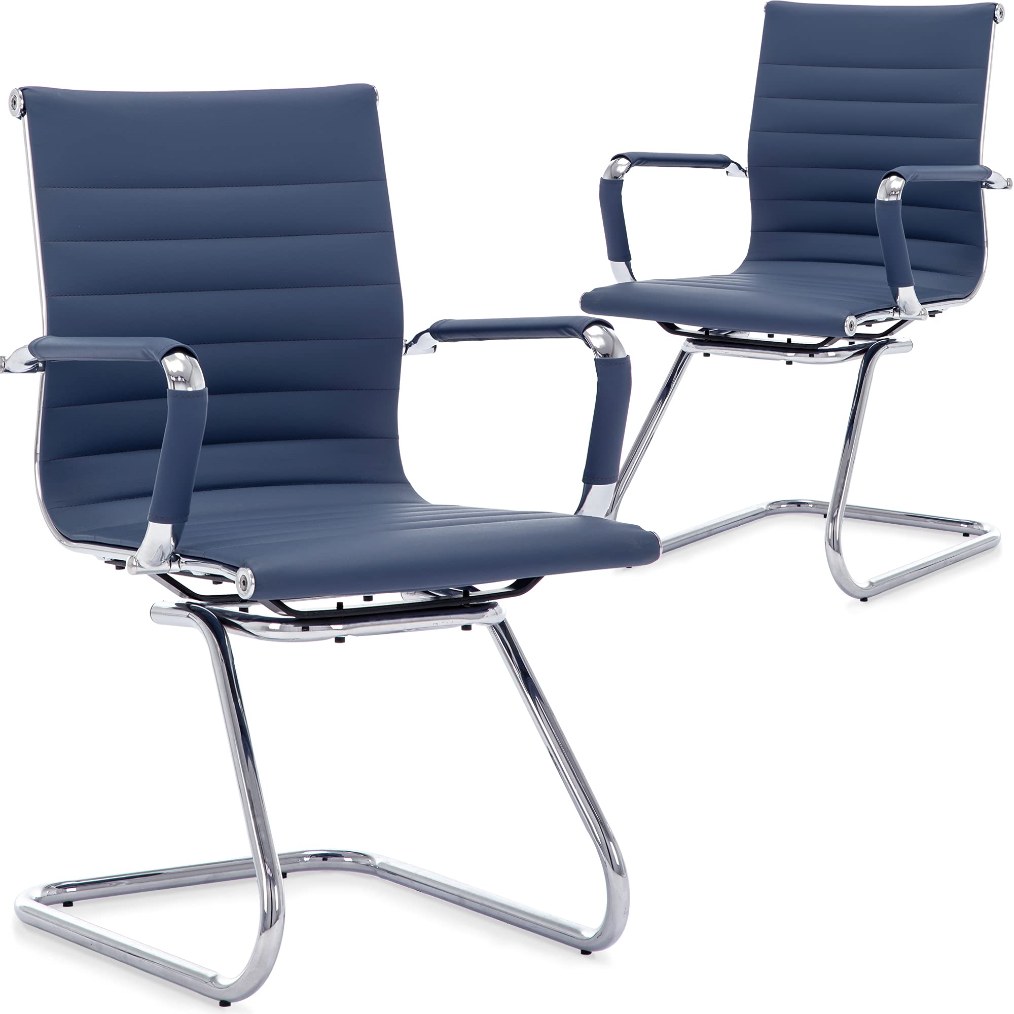 Wahson Office Guest and Reception Chairs - 2 Pack Leather Mid Back Sled Base Chairs Without Wheels for Meeting Room, Lobby, Restroom - Navy Blue | Perfect for Business Offices, Waiting Areas, and Conference Rooms