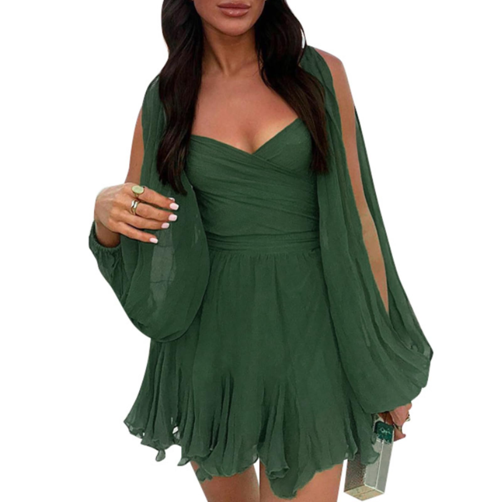 Women's Sexy Chiffon Beach Dress with Ruffle & Balloon Sleeves - Summer Mini Dress for Vacation, Party & Date Night