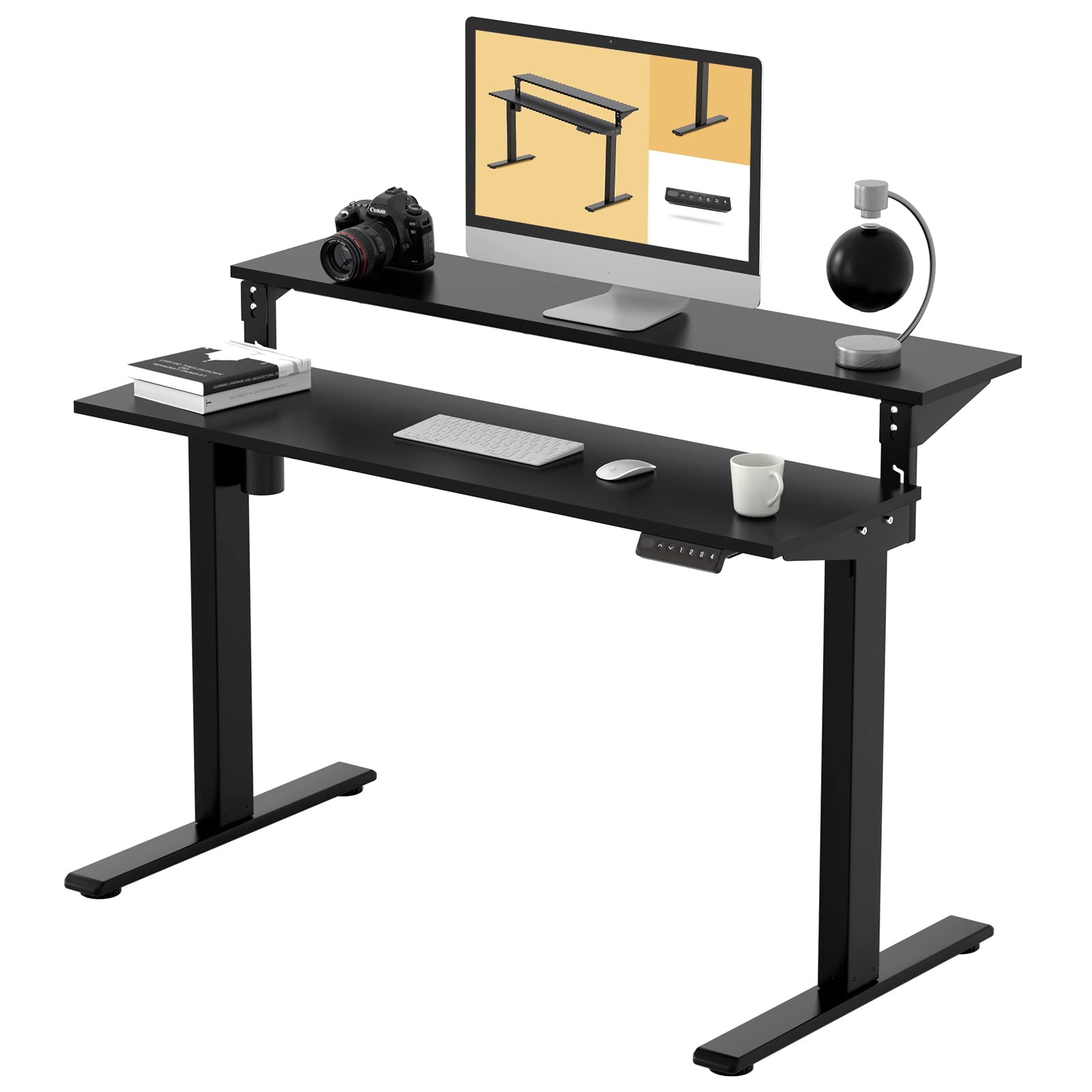 FLEXISPOT EF1 Essential 2-Tier Electric Standing Desk 48x24 Inches - Height Adjustable with Memory Controller, Black Frame & Top | Perfect for Gaming Battle Station & Home Office Work Setup
