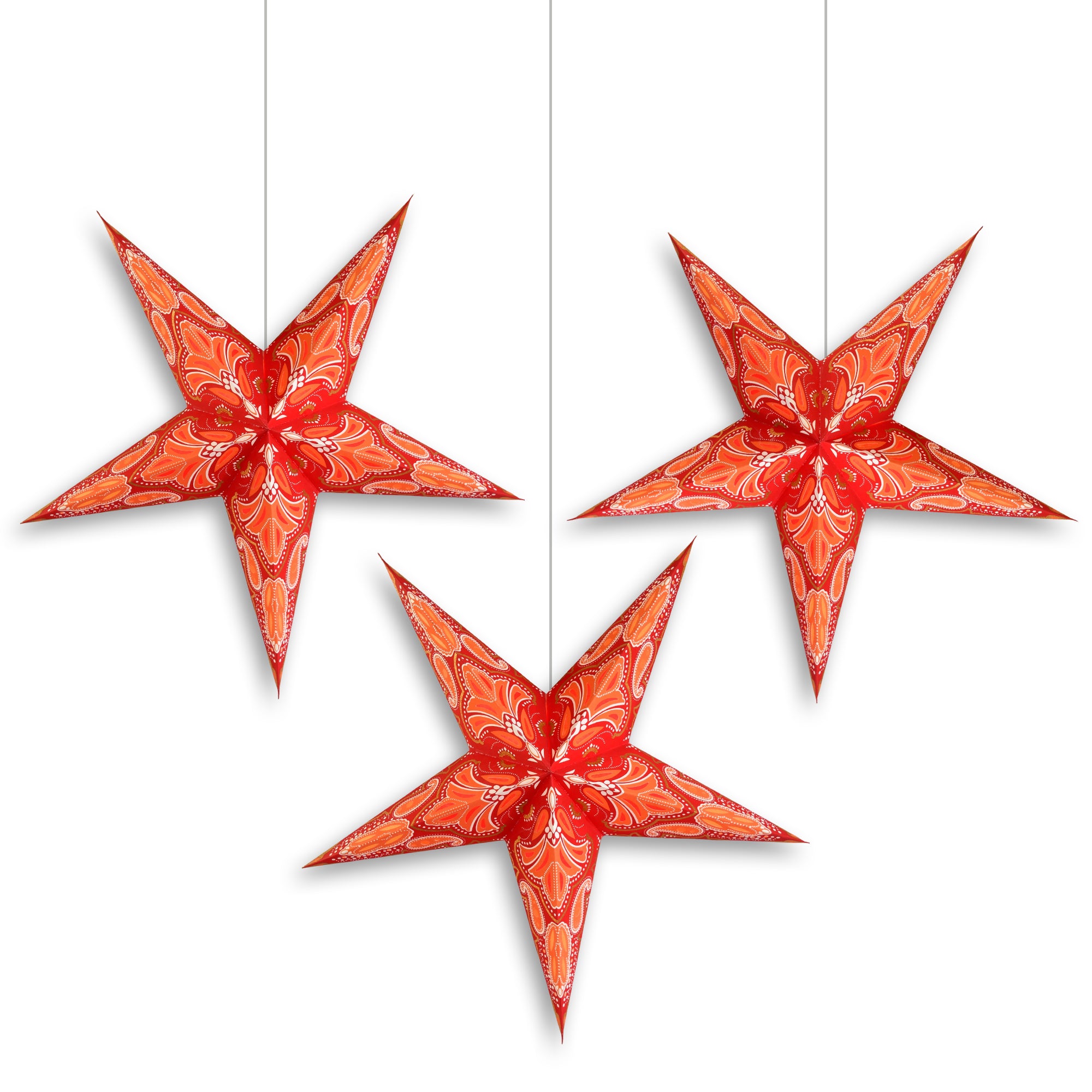3 Pack 24 Inch Paper Star Lanterns - Red & Green Stellar Bloom Glitter Hanging Decor with Triple Pendant Lights | Perfect for Christmas, Party, Wedding & Home Decoration
