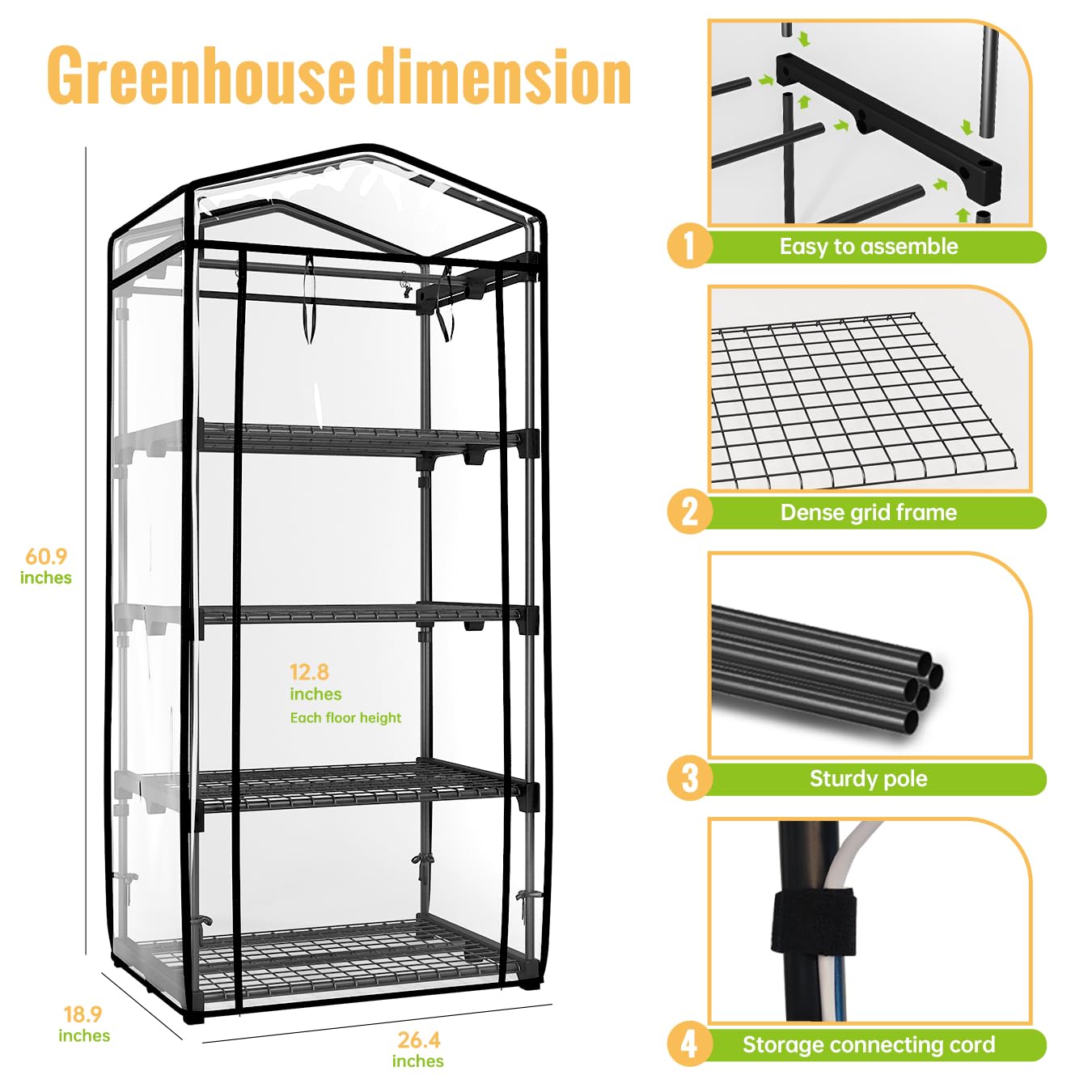 4-Tier Mini Indoor/Outdoor Greenhouse with Dimmable Grow Lights - 26.4