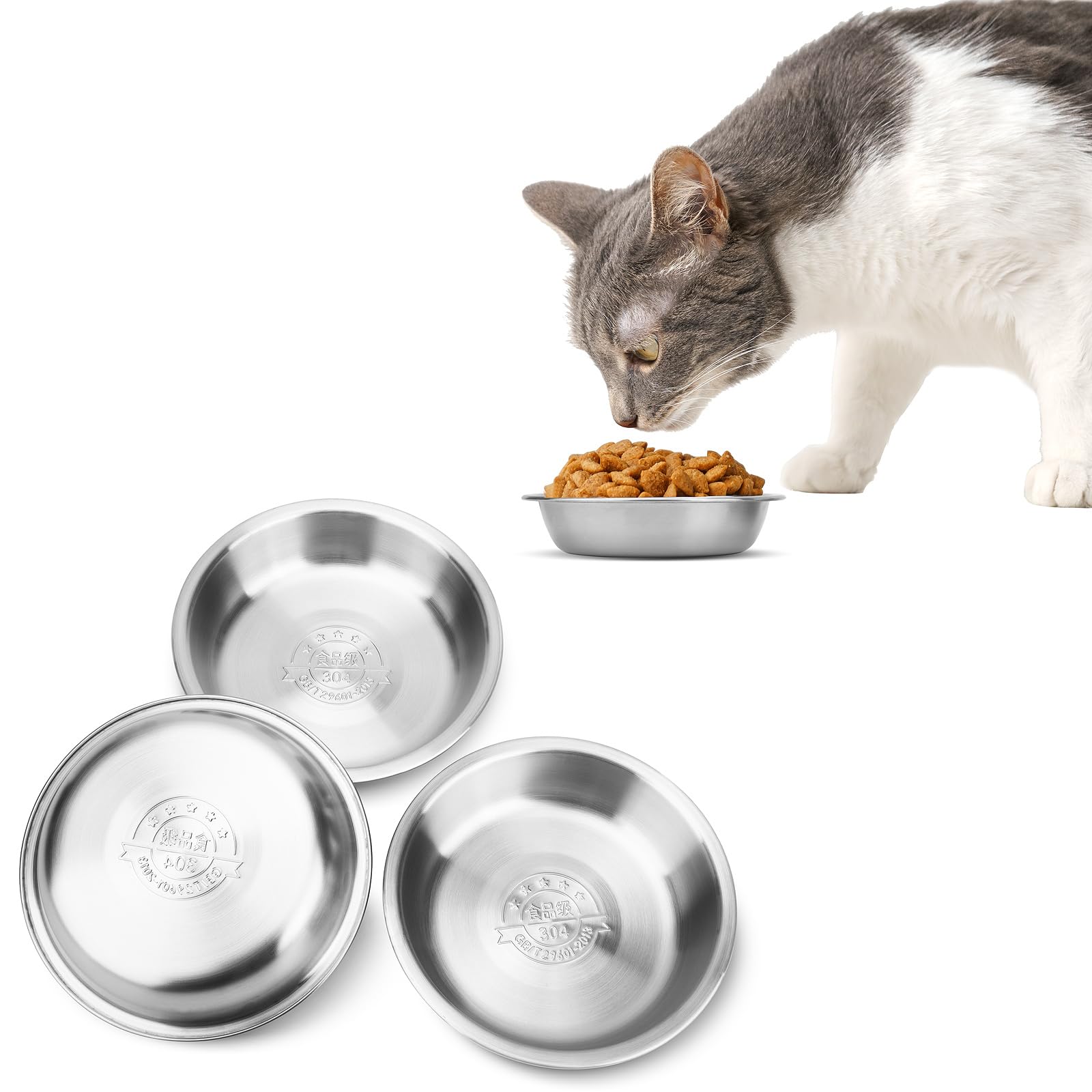 Premium Stainless Steel Cat Bowls Set of 3 - 5.5 Inch Whisker-Friendly Shallow Pet Food Dishes, Durable Metal Cat Food and Water Bowls for Kittens & Adult Cats - Perfect for Home, Travel, and Vet Visits