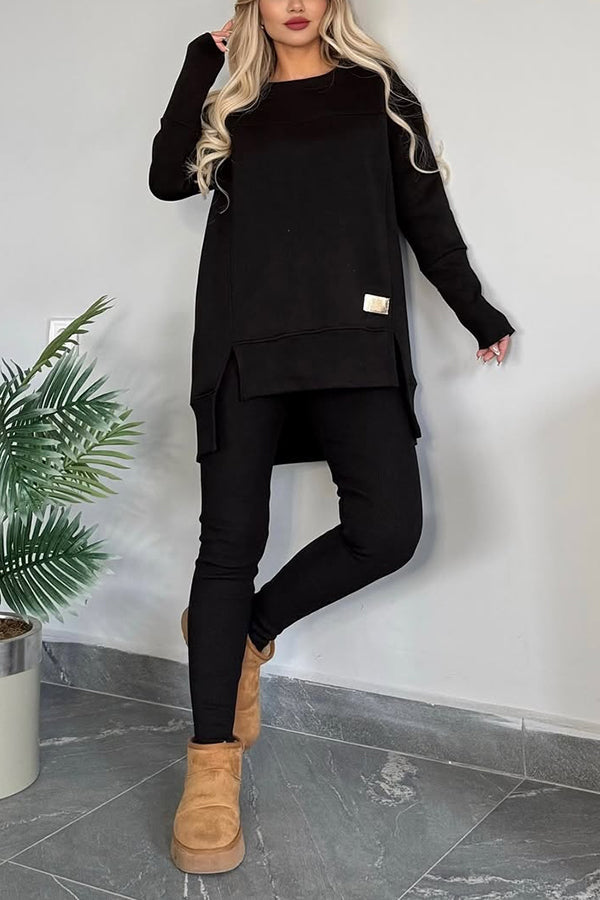 Solid Color Crew Neck Long Sleeve Top & Stretchy Casual Pants Set - Women's Comfortable Lounge Wear for Home, Yoga & Everyday Outfits