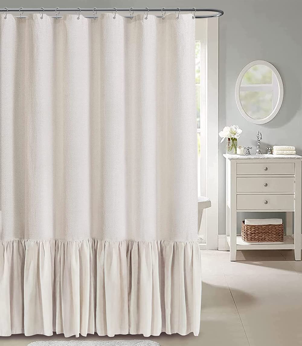 Farmhouse Shower Curtain with Ruffle Hem - 72x72 Inch Cream Linen Bathroom Curtain | Natural Textured Fabric for Rustic, Vintage & Boho Style Decor