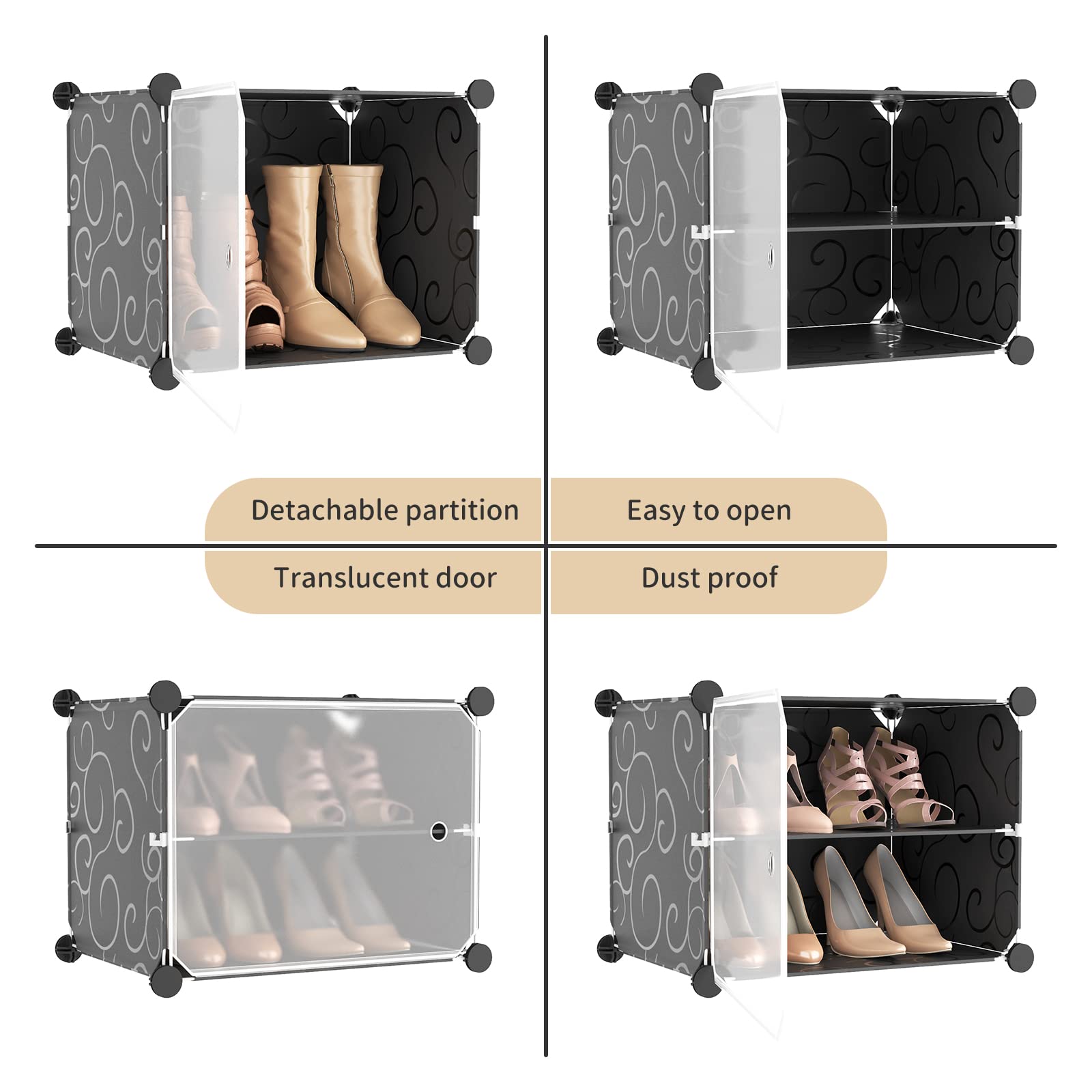 Portable Shoe Rack Organizer with Door - 96 Pairs Adjustable Stackable Shoe Storage Cabinet - Easy Assembly Plastic Free Standing Shelf for Closet, Entryway, Bedroom - DIY Expandable 12 Tier Black Shoe Organizer