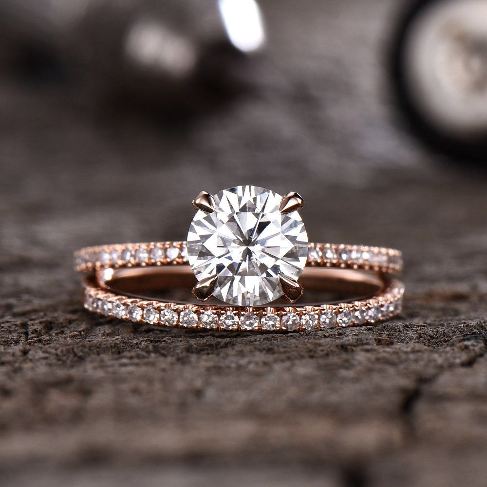 Moissanite Engagement Ring 14K Rose Gold - 7mm Round Solitaire Diamond Basket Half Eternity Wedding Band Bridal Set (D-E-F Color) | Perfect for Proposals, Anniversaries & Special Occasions