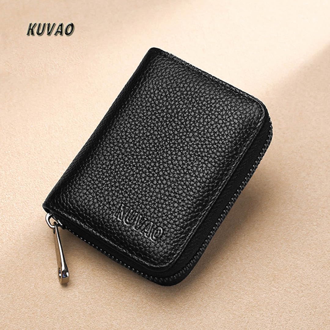 RFID Blocking Leather Credit Card Holder - 20 Card Slots Zipper Wallet for Women & Men - Compact Accordion Card Case with Secure Zipper Closure (Black) - Perfect for Travel, Business & Everyday Use