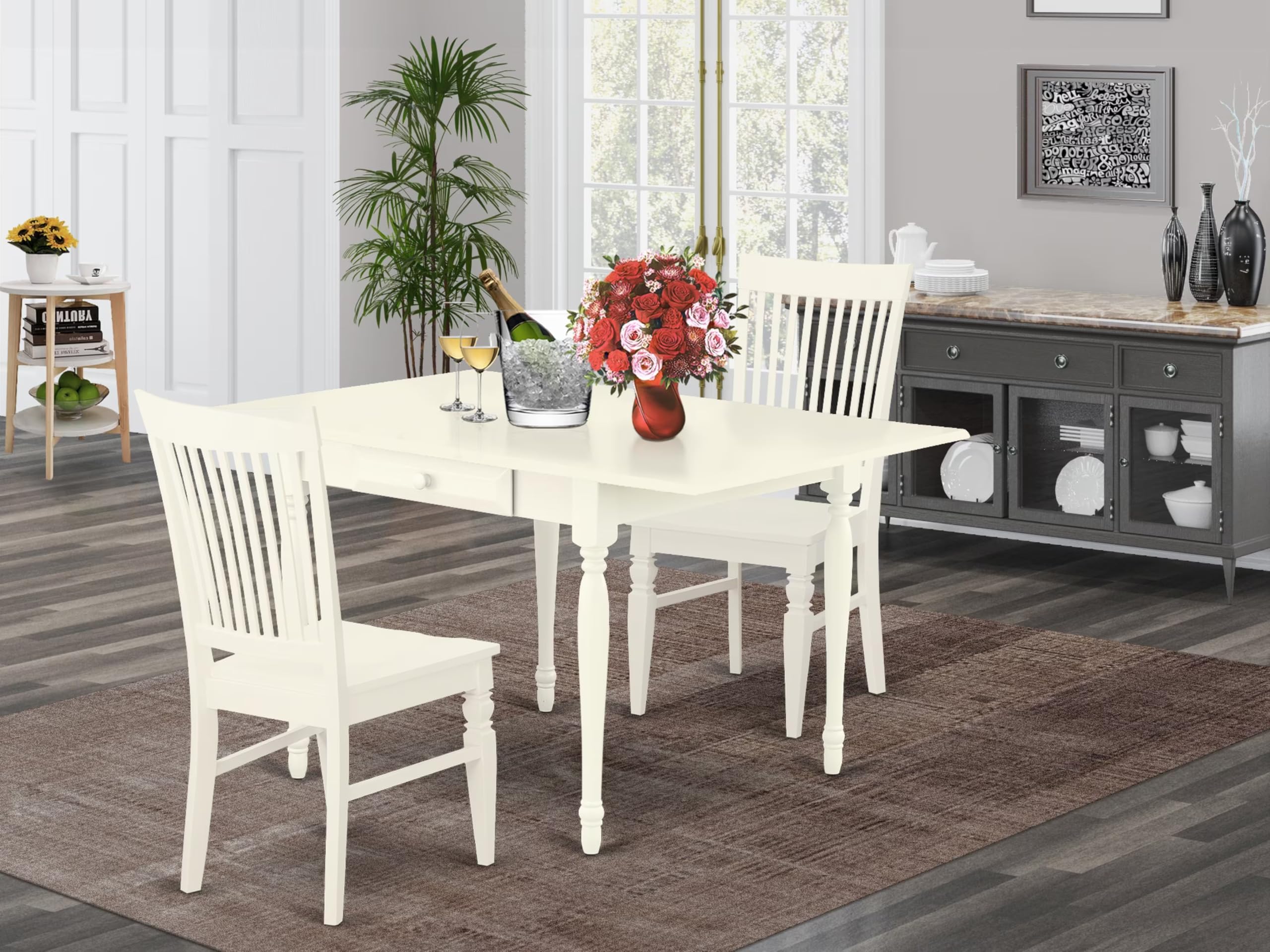 East West Furniture MZWE3-LWH-W 3-Piece Modern Dining Table Set with Drop Leaf - 36x54 Inch Rectangle Wooden Table & 2 Chairs in Linen White | Perfect for Small Spaces, Breakfast Nooks & Apartment Dining