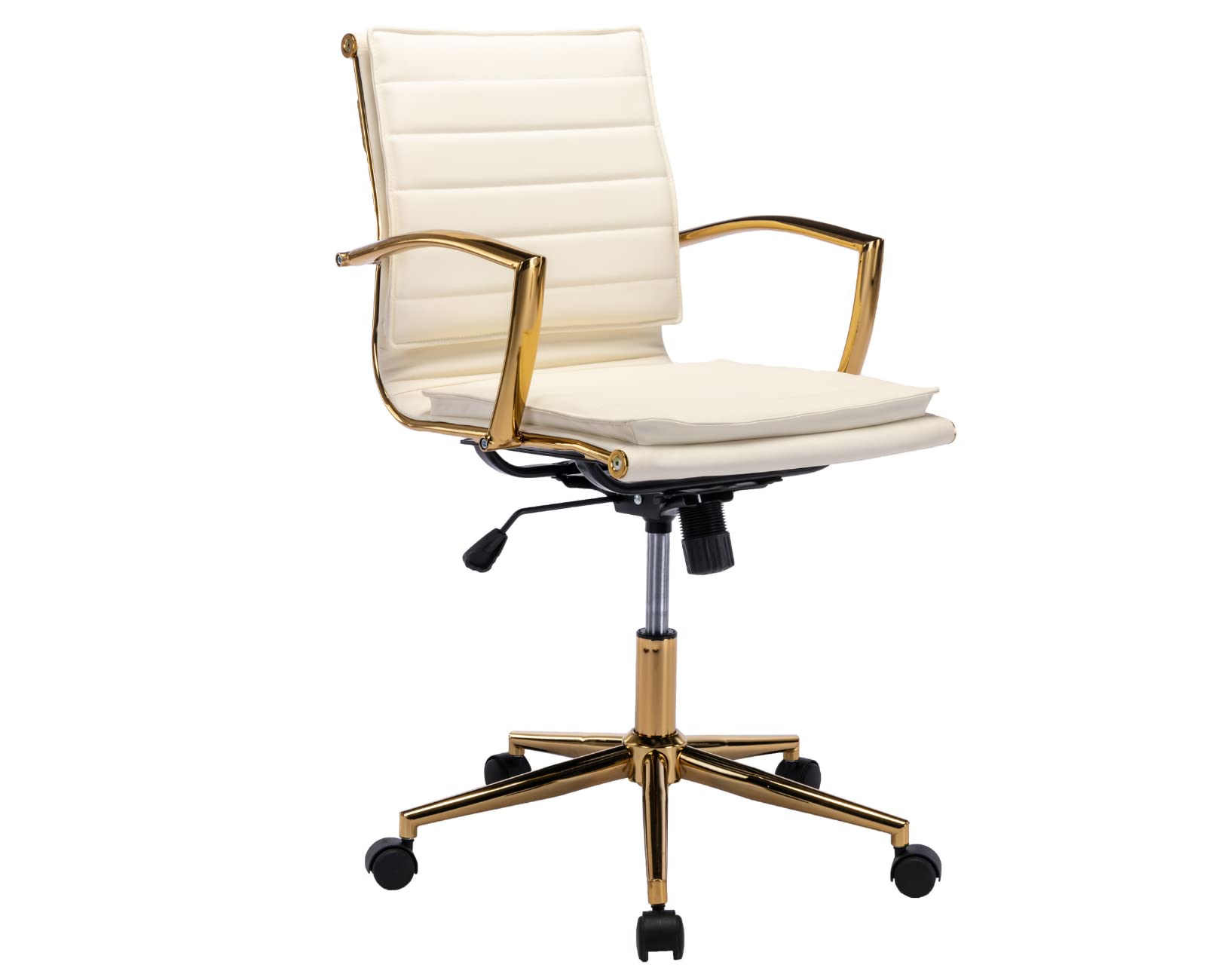EALSON Modern Ergonomic Leather Office Chair with Wheels & Arms, Adjustable Swivel Executive Desk Chair with Gold Base for Home Office - Comfortable Computer Task Chair for Working, Gaming & Studying (Beige)