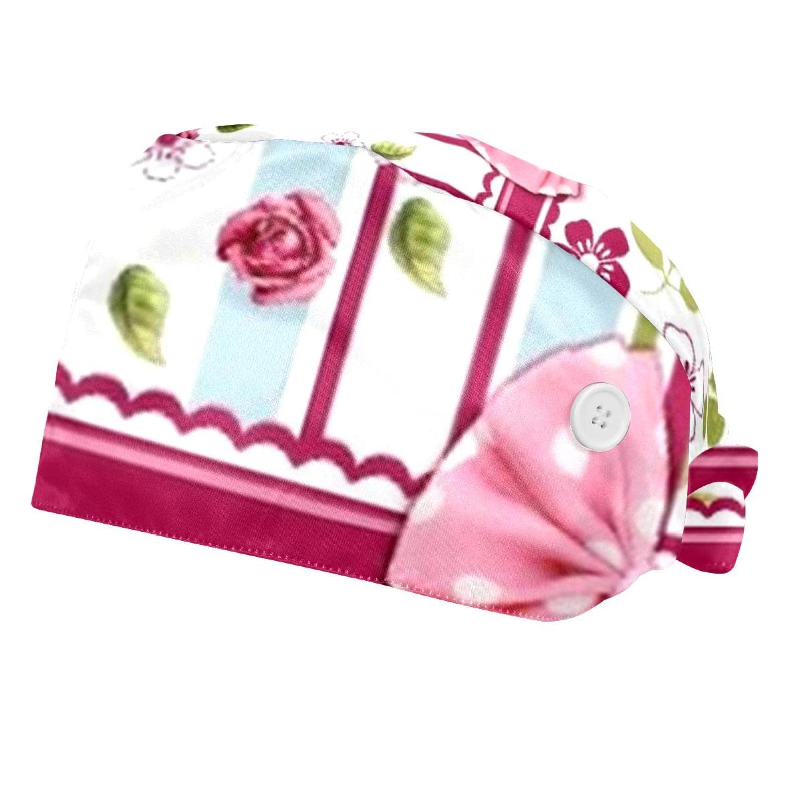 2 Packs Adjustable Bouffant Scrub Caps for Women & Men - Breathable Flower Print Surgical Hats with Button Sweatband - Unisex Tie Back Nurse Hats (One Size Fits All) for Hospitals, Clinics & Healthcare Workers