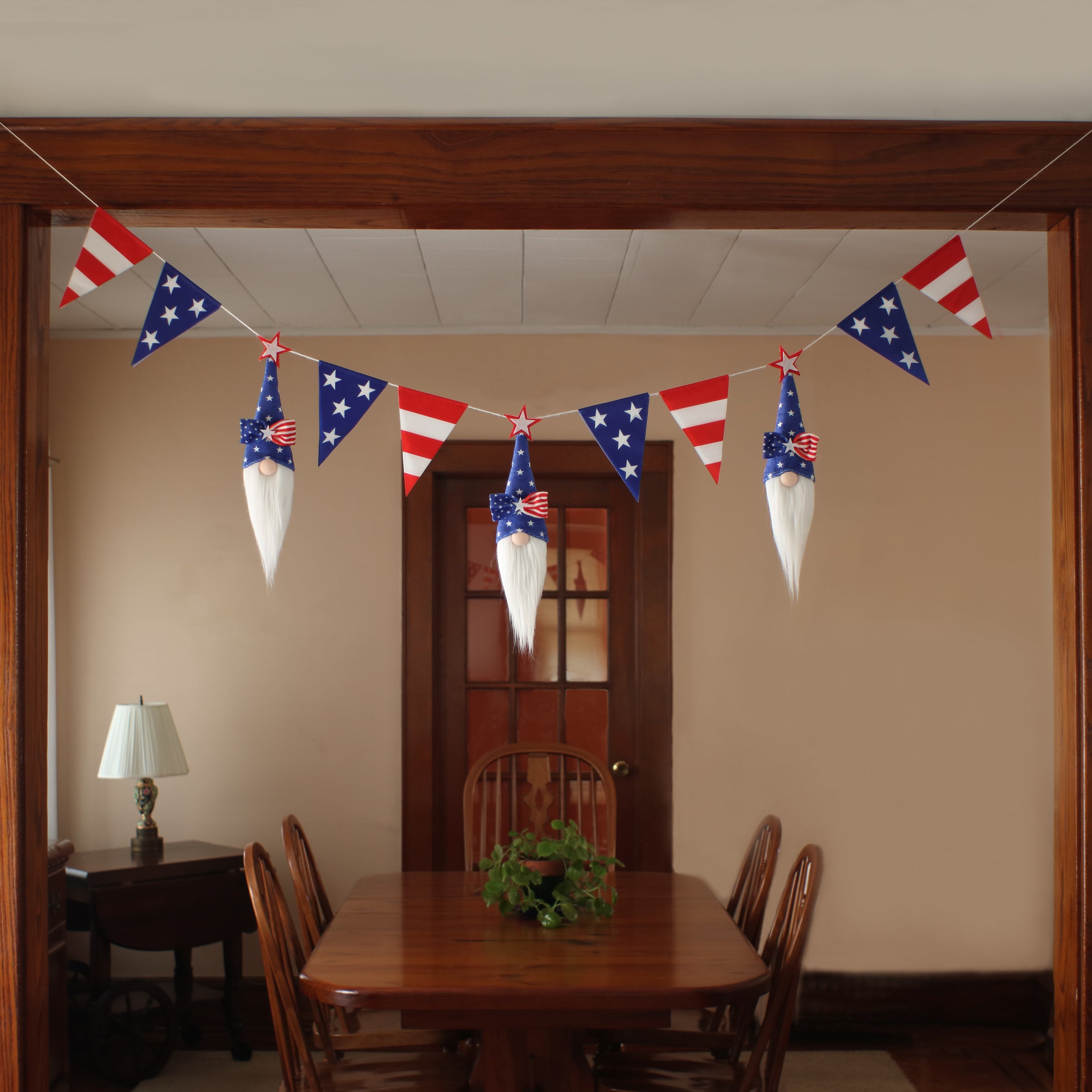 6 ft. Patriotic American Flag Garland with Blue Gnomes - Perfect for 4th of July Decorations, Backyard Parties, and Patriotic Home Decor