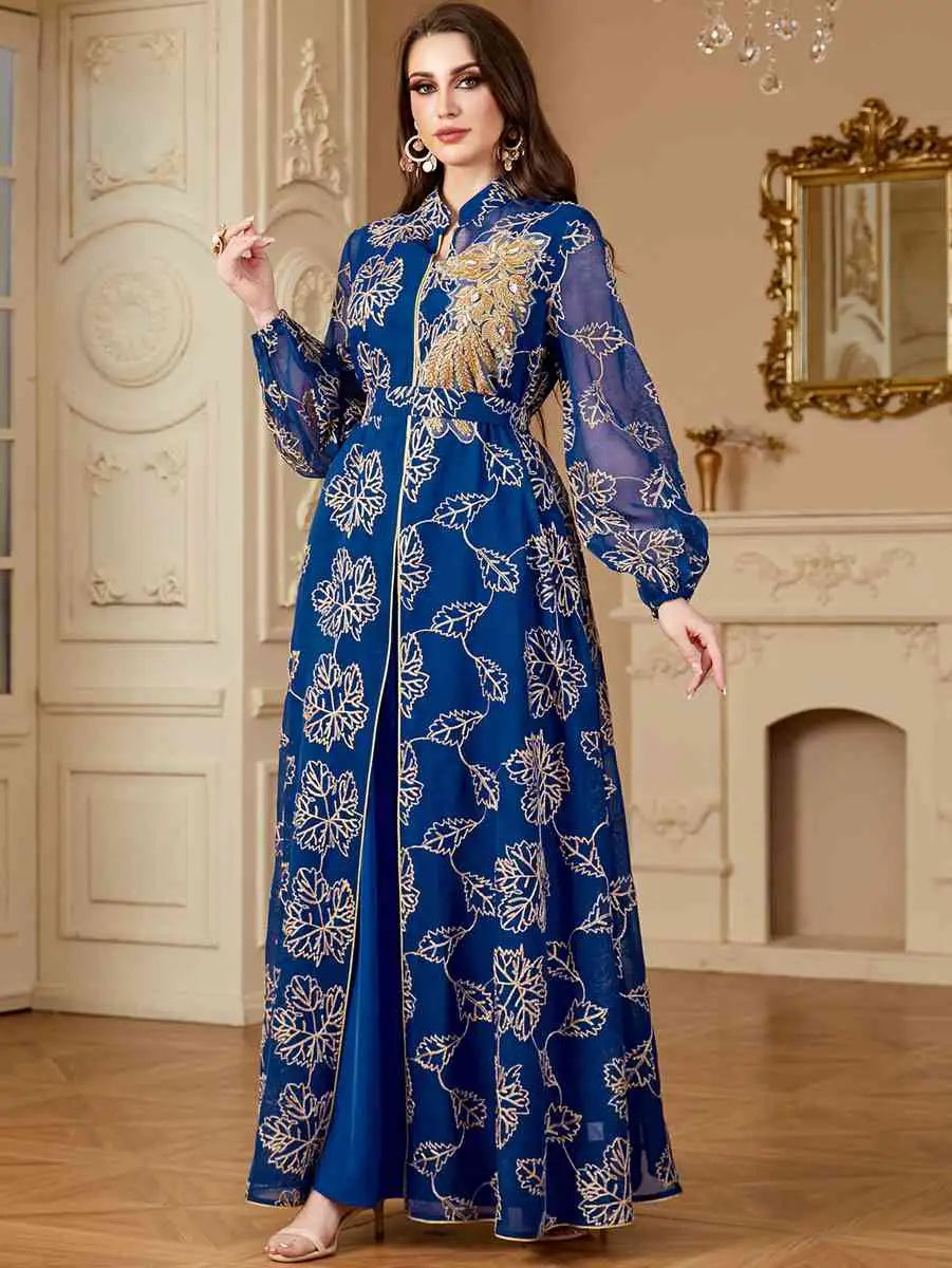 2 Piece Eid Embroidery Dress Set - Flowy Caftan Kaftan with Matching Sleeveless Inner Dress | Elegant Muslim Women's Outfit for Eid Celebrations, Parties & Special Occasions