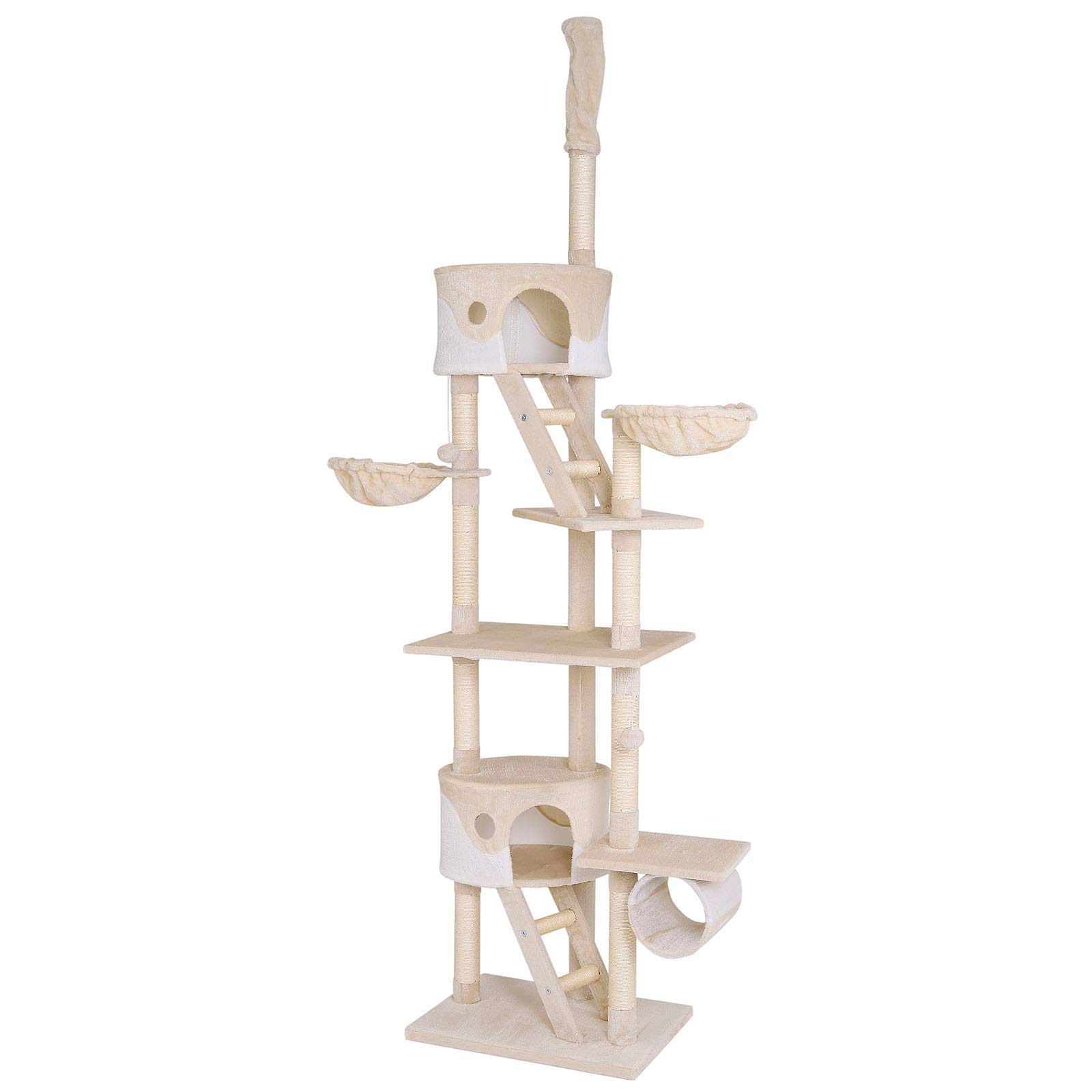 Extra Large Cat Scratching Post with Sisal & Plush - 90.6 to 98.4 Inch Tall Cat Tree with Plush Balls, Bells, Hammocks, Tunnels & Caves for Small & Large Cats (Beige/White) - Perfect for Indoor Play, Climbing & Relaxation