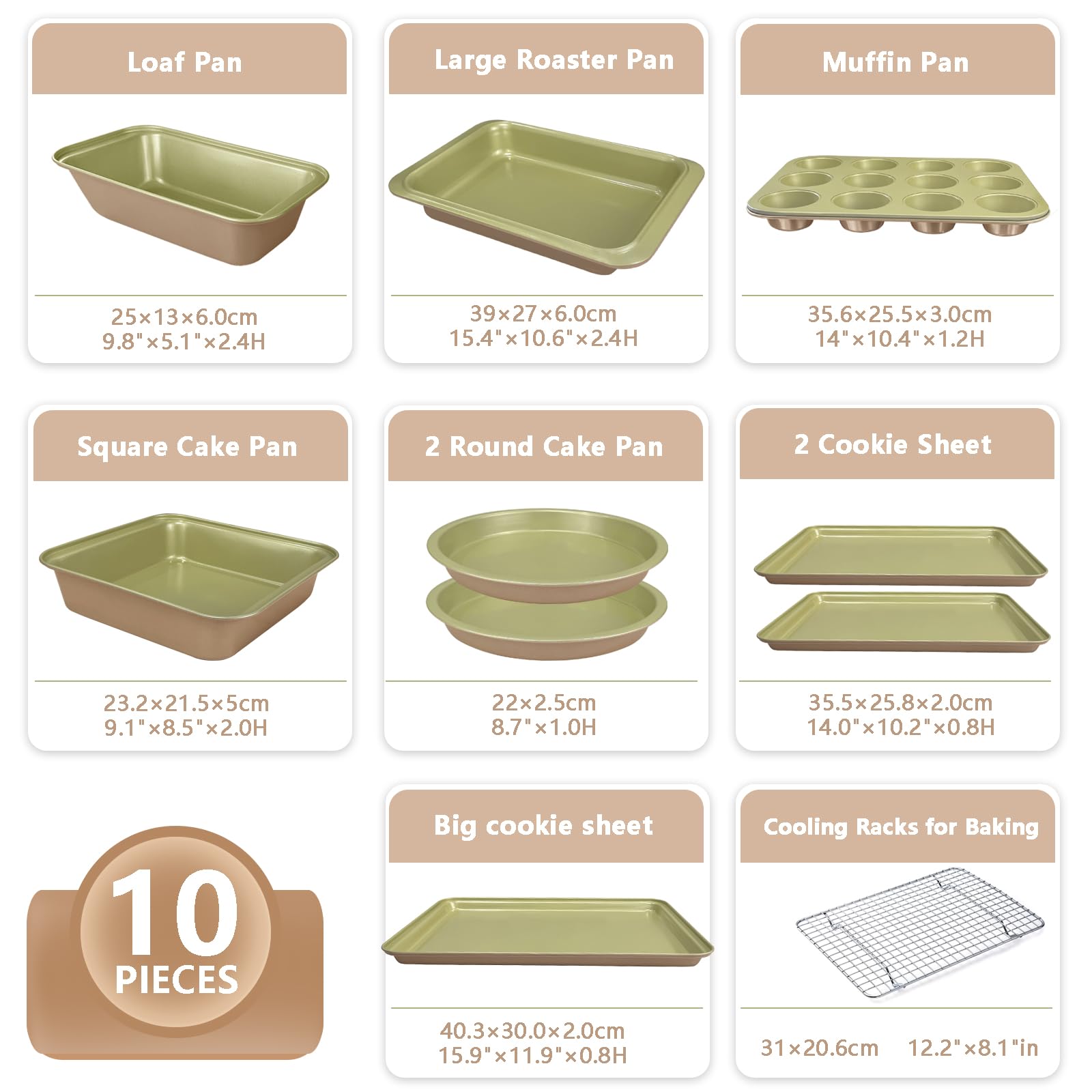 10-Piece Nonstick Bakeware Set - Professional Bicolor Baking Pans with Cookie Sheets, Muffin Pan, Loaf Pan, Cake Pan & Cooling Rack | 0.8mm Thick, Dishwasher Safe, Heavy Duty | Perfect for Baking Cakes, Cookies, Bread & More at Home or Commercial Kitchens