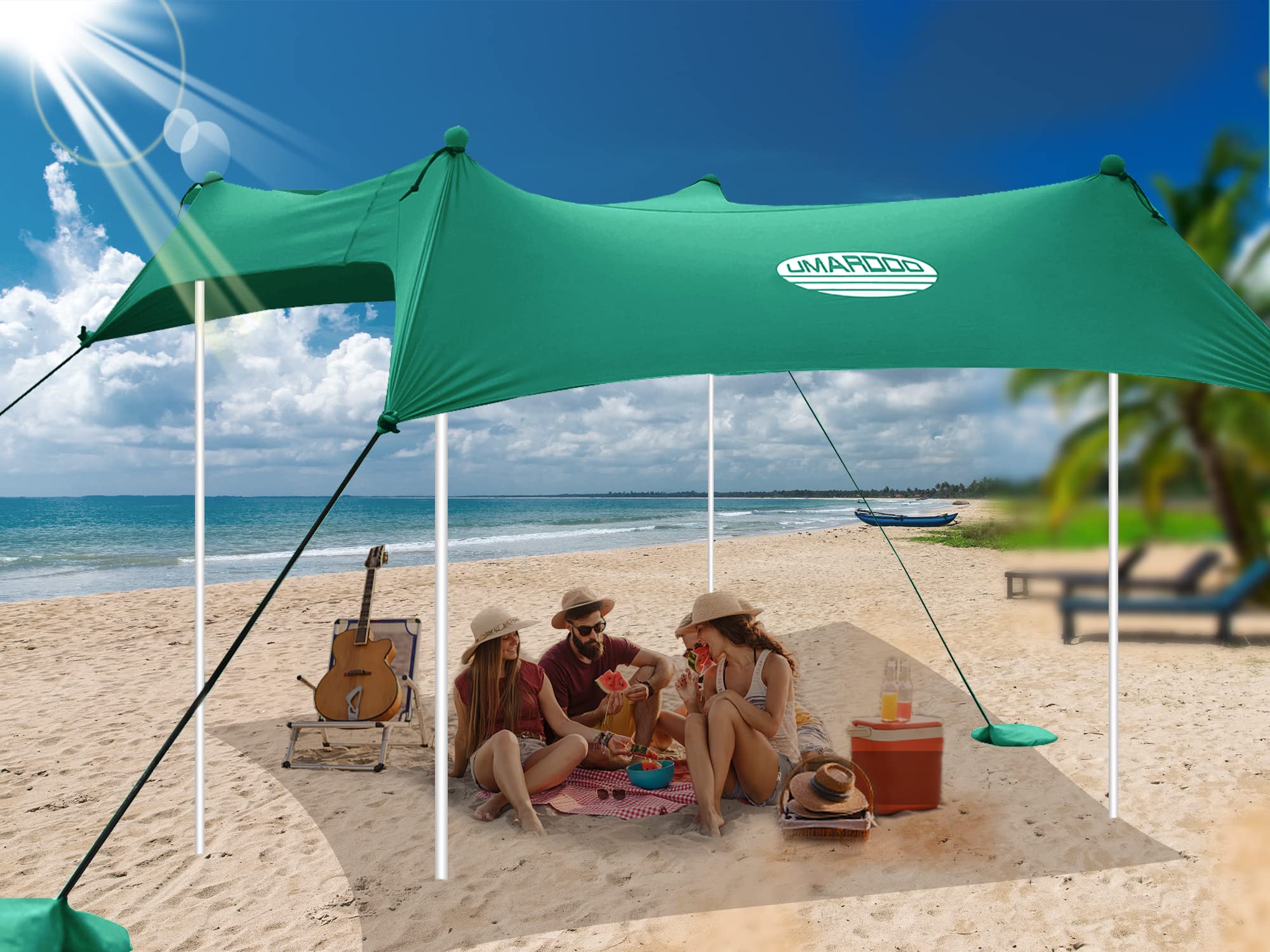 UMARDOO 10x10 FT Portable Beach Tent - Easy Setup Sun Shelter with Carry Bag, Compact & Lightweight for Family Outdoor Travel, Picnics, Camping & Beach Days (Green, 4 Poles)