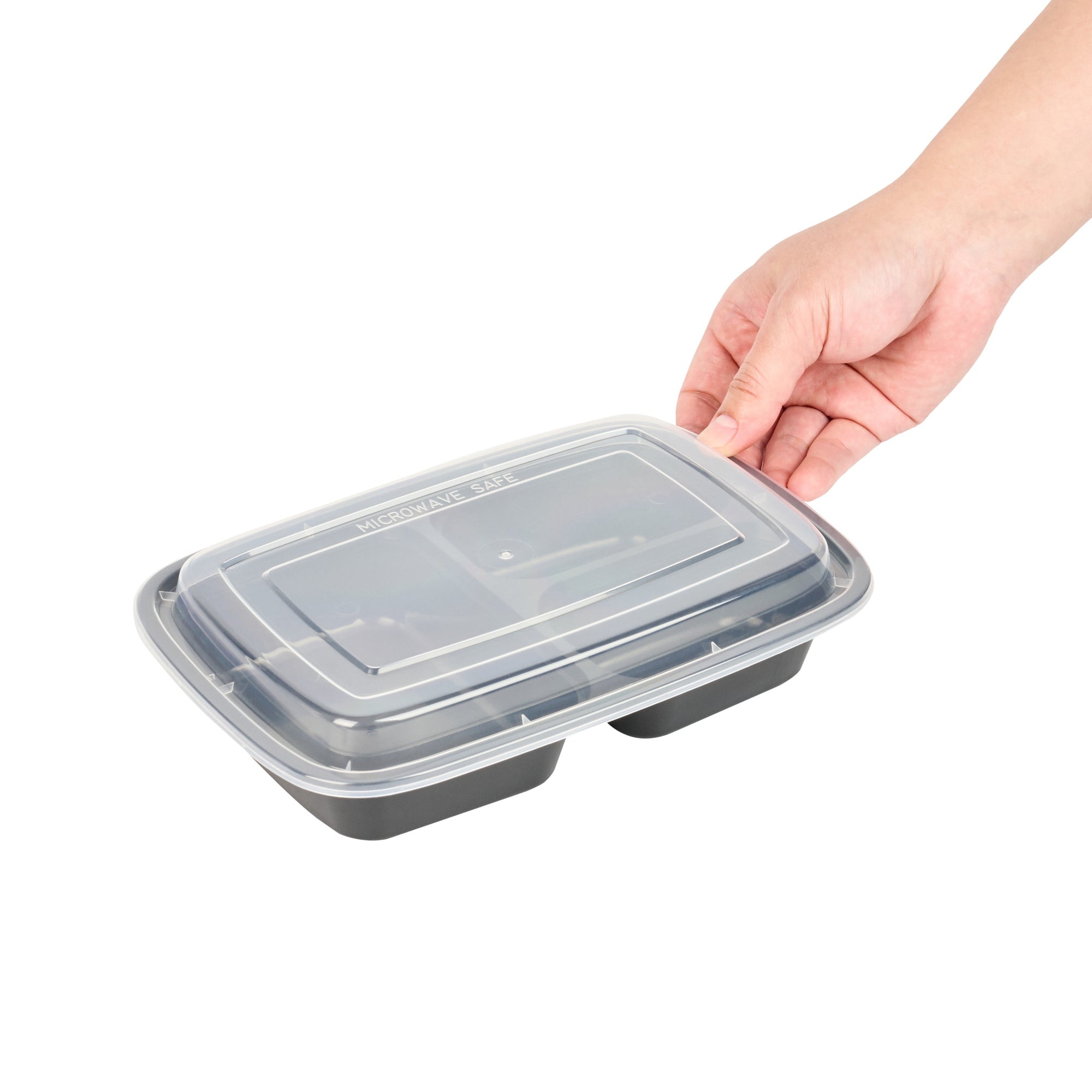 26 oz Black 3-Compartment Plastic Food Storage Containers with Clear Lids - Microwave Safe, 8.75