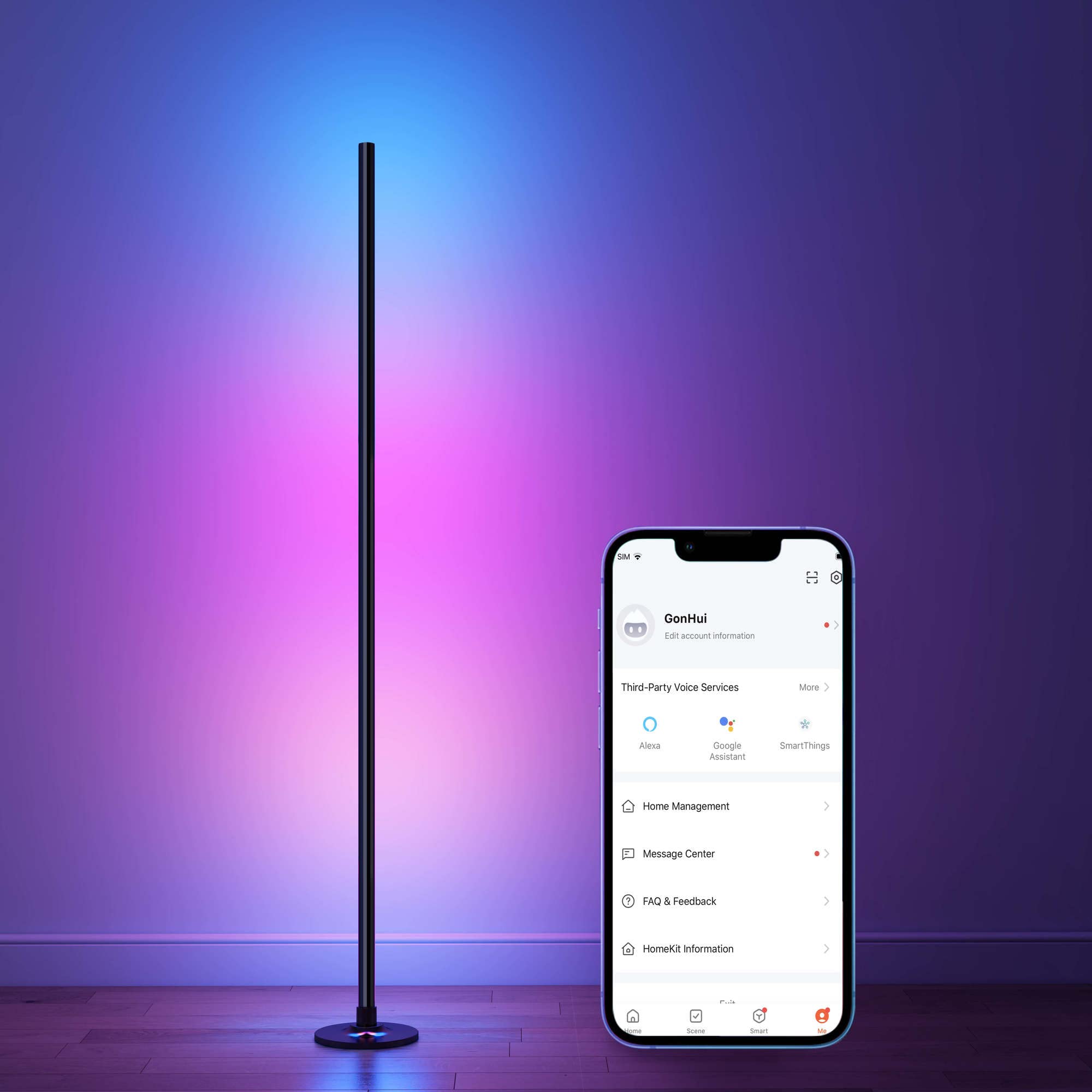 Smart LED Corner Floor Lamp with Alexa Compatibility - Color Changing Ambience Light with Music Sync, Modern Standing Lamp for Living Room, Bedroom & Gaming Room (Black) | Perfect for Home Decor, Relaxation & Entertainment Spaces