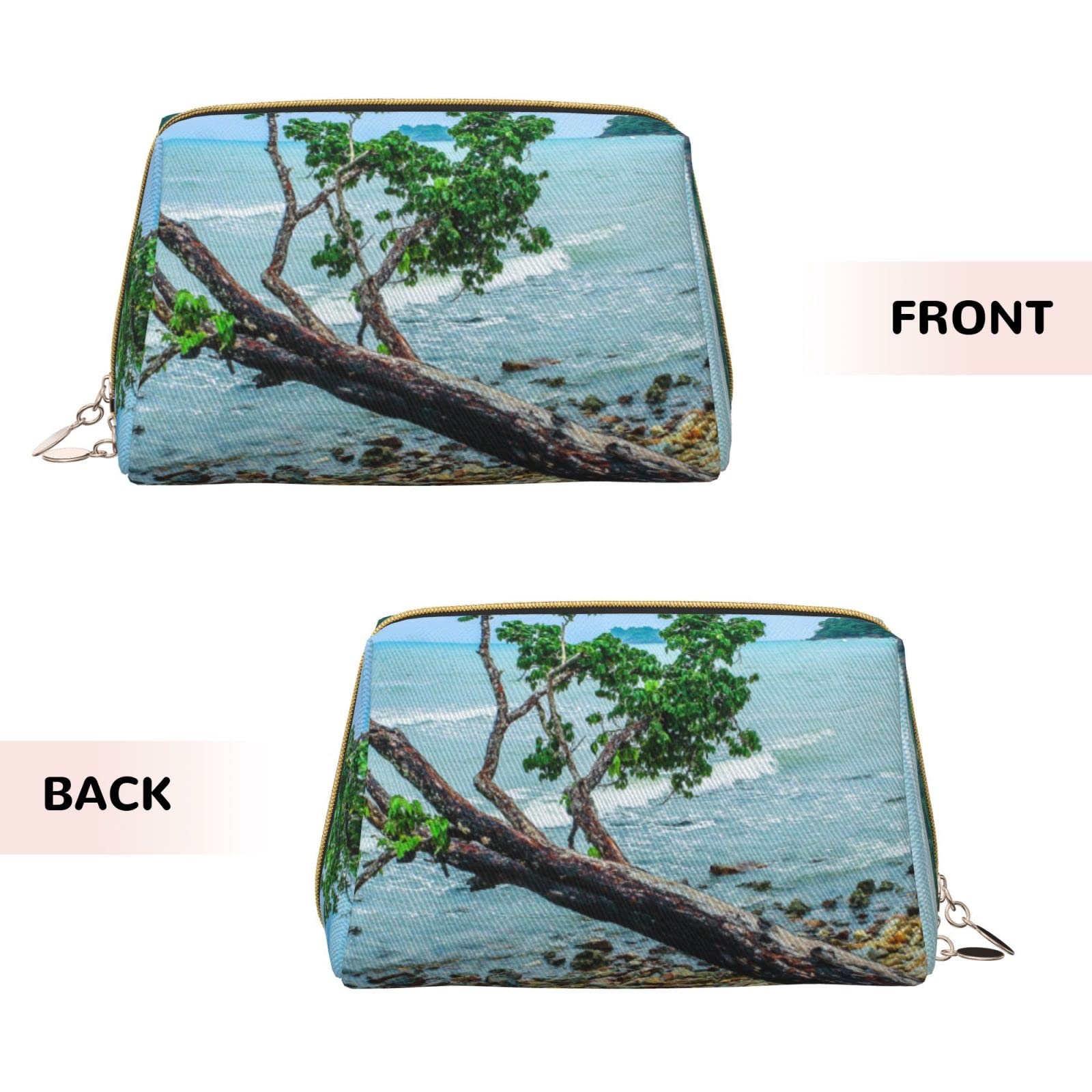 Waterproof Leather Makeup Bag for Women - Large Capacity Travel Cosmetic Organizer | Portable Makeup Pouch for Beach, Vacation & Daily Use | Crooked Tree by The Sea Collection