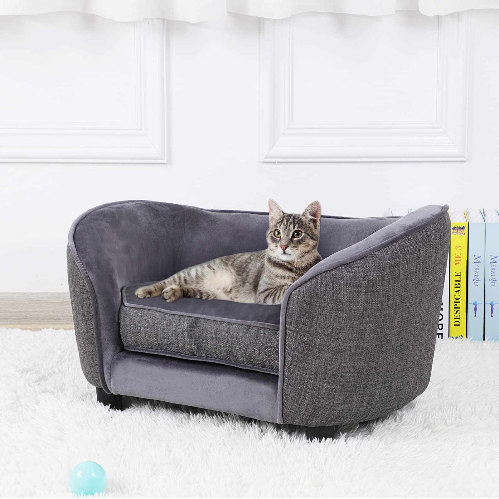 Premium Velvet & Linen Pet Sofa Bed - Washable Dog Couch for Small Dogs & Cats, Comfortable Gray Pet Bed for Living Room, Bedroom & Home Decor