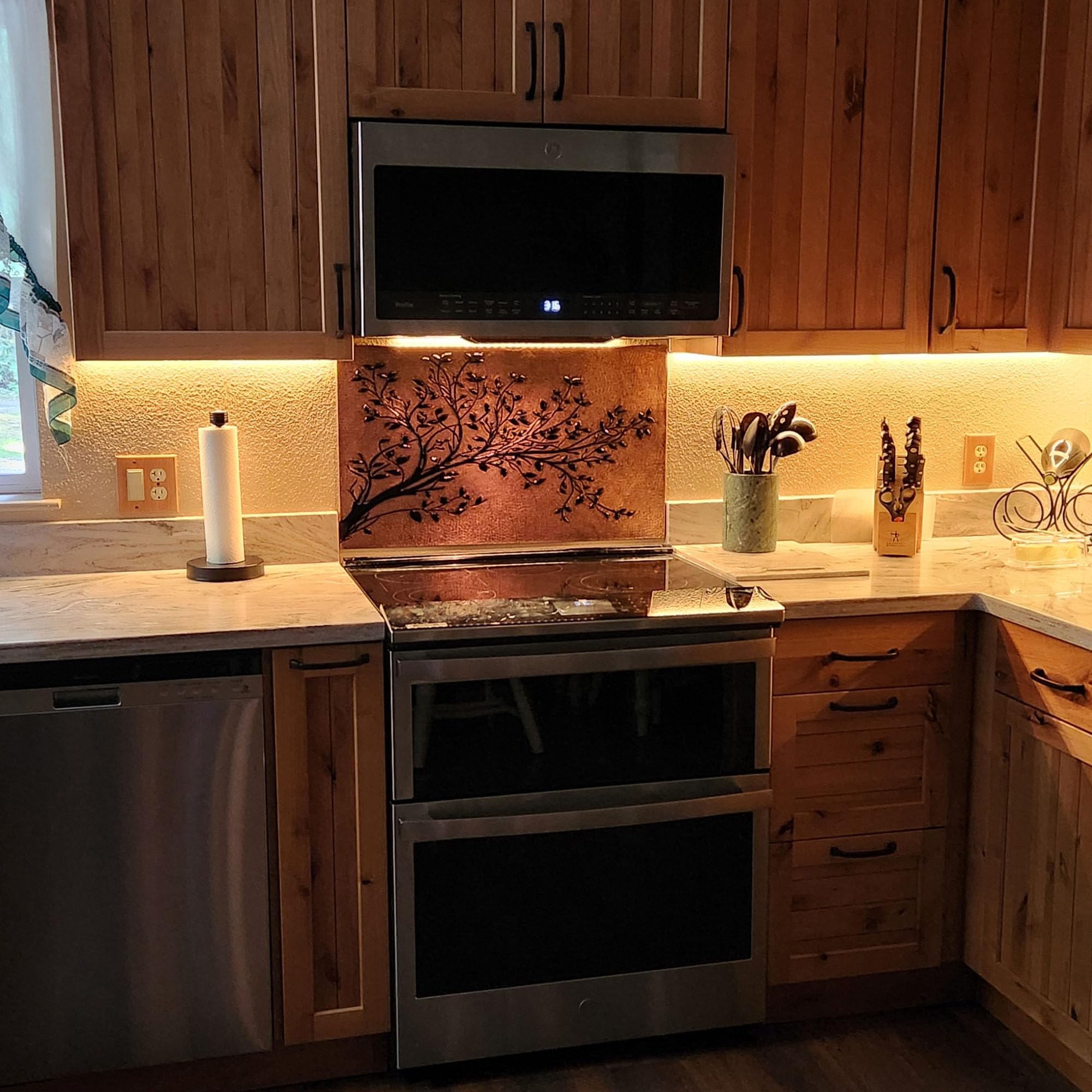 Handmade Copper Kitchen Backsplash Tiles with Tree Branches Design - Decorative Copper Stove Splashback Panel for Indoor Outdoor Wall Decor (Copper & Black) | Perfect for Farmhouse, Rustic, and Modern Kitchen Renovations