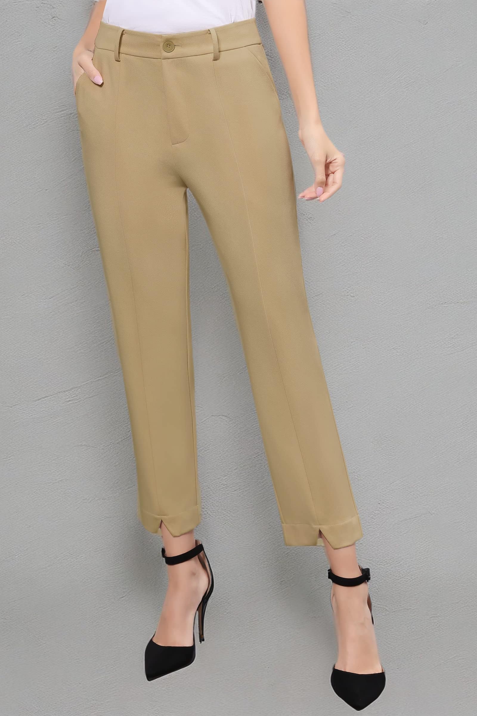PUWEER Women's Stretch Ankle Dress Pants - Business Casual Office Work Pants with Pockets | Comfortable Cropped Capri Pants for Professional Women (Perfect for Office, Meetings & Business Travel)