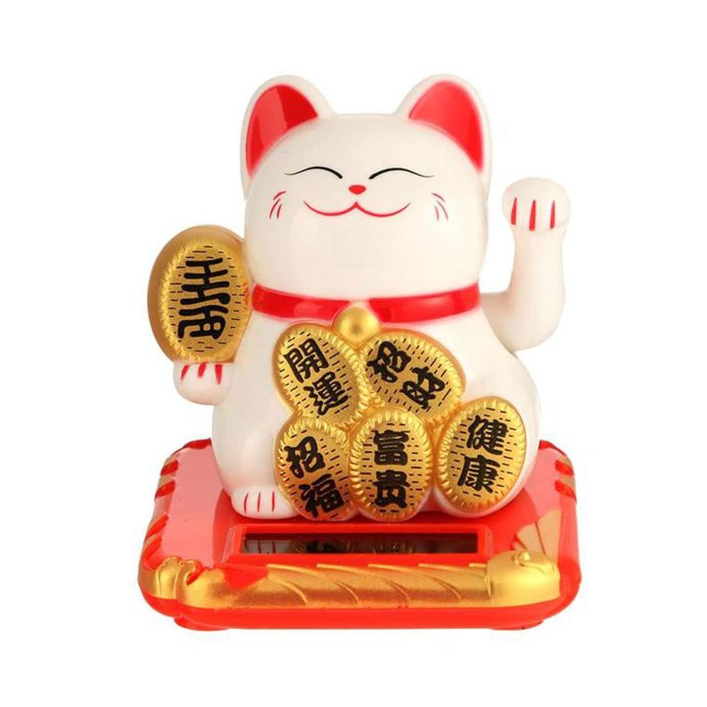 Black & White Solar Powered Lucky Cat - Waving Maneki Neko for Home, Car, Hotel & Restaurant Decor | Feng Shui Good Luck Charm | Perfect for Office Desk, Storefront & Gift Giving