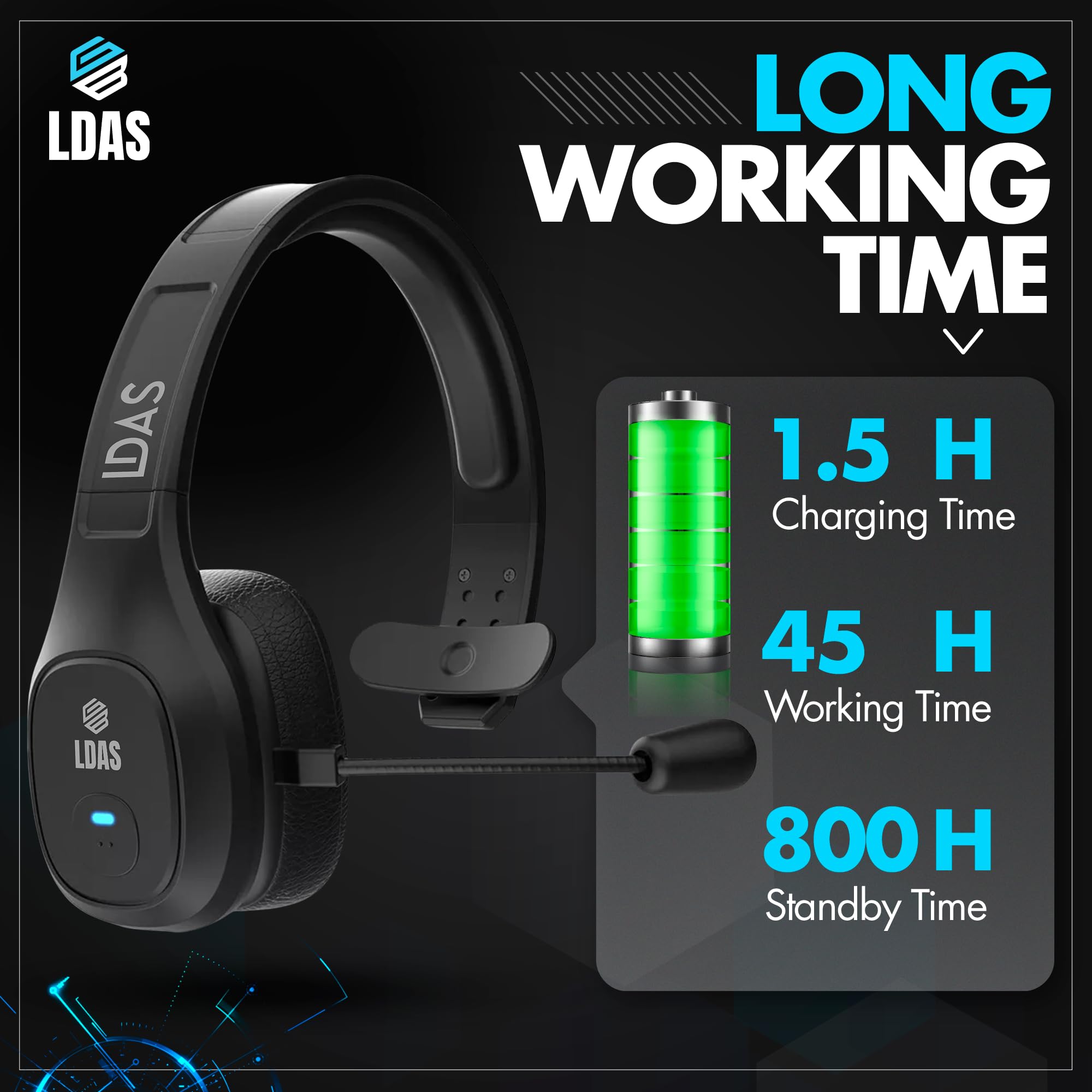 LDAS Trucker Bluetooth Headset V5.2 - Wireless Over-Ear Headphones with Mute Button & AI Noise Cancellation for Phone Calls | Compatible with Cell Phones, Computers & Home Office | Includes Charger | Perfect for Truck Drivers, Remote Work & Online Meetings