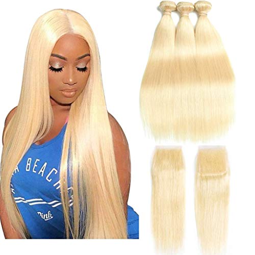 613 Blonde Brazilian Straight Human Hair Bundles with Closure - 3PCS 26