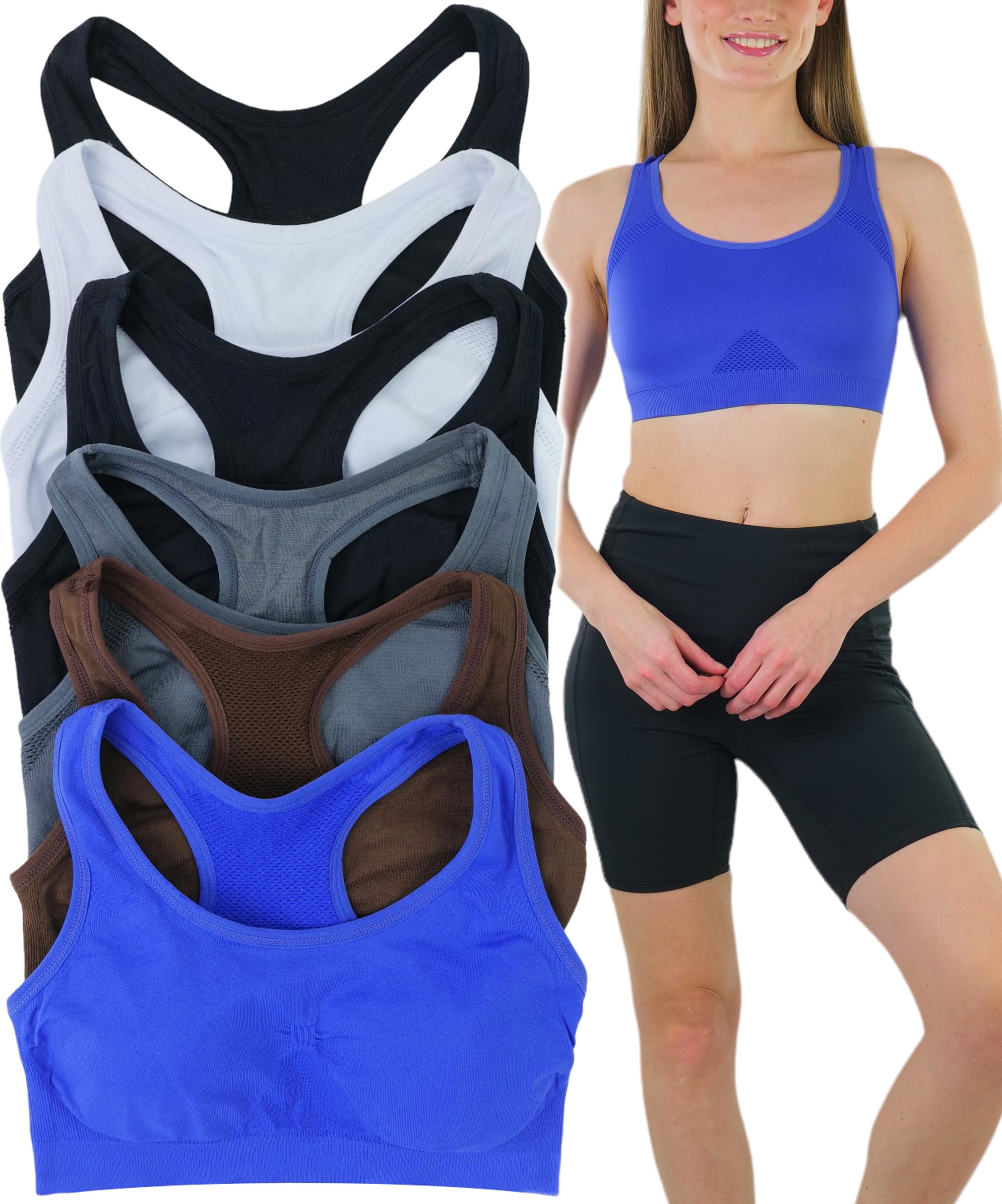 ToBeInStyle Women's 6-Pack Double Layer Racerback Sports Bras - Moisture Wicking & Supportive for Yoga, Running, Gym Workouts & High-Intensity Training