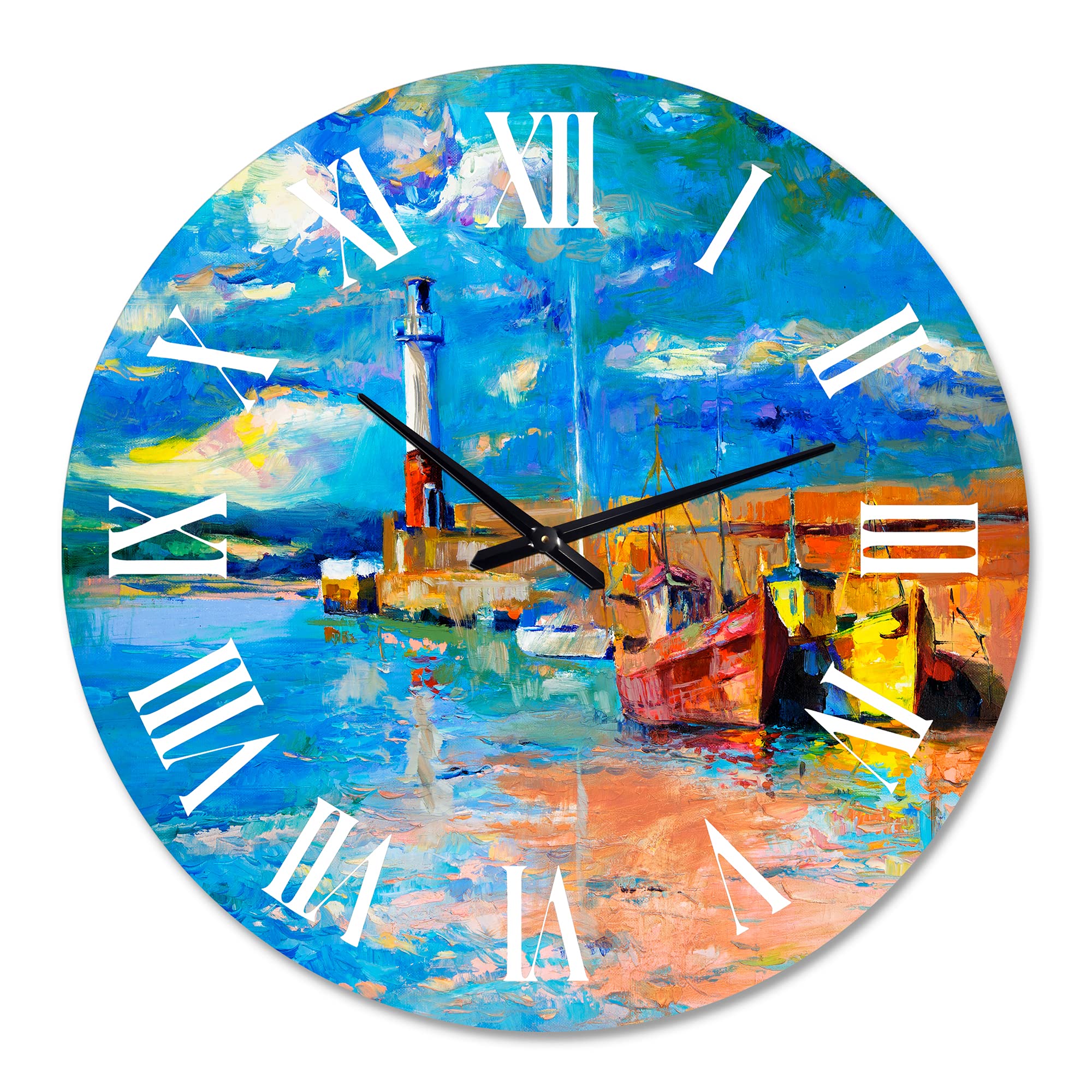 Blue Round Nautical Coastal Wall Clock - Lighthouse in Evening Glow by The Shore - Perfect for Living Room, Beach House & Coastal Decor