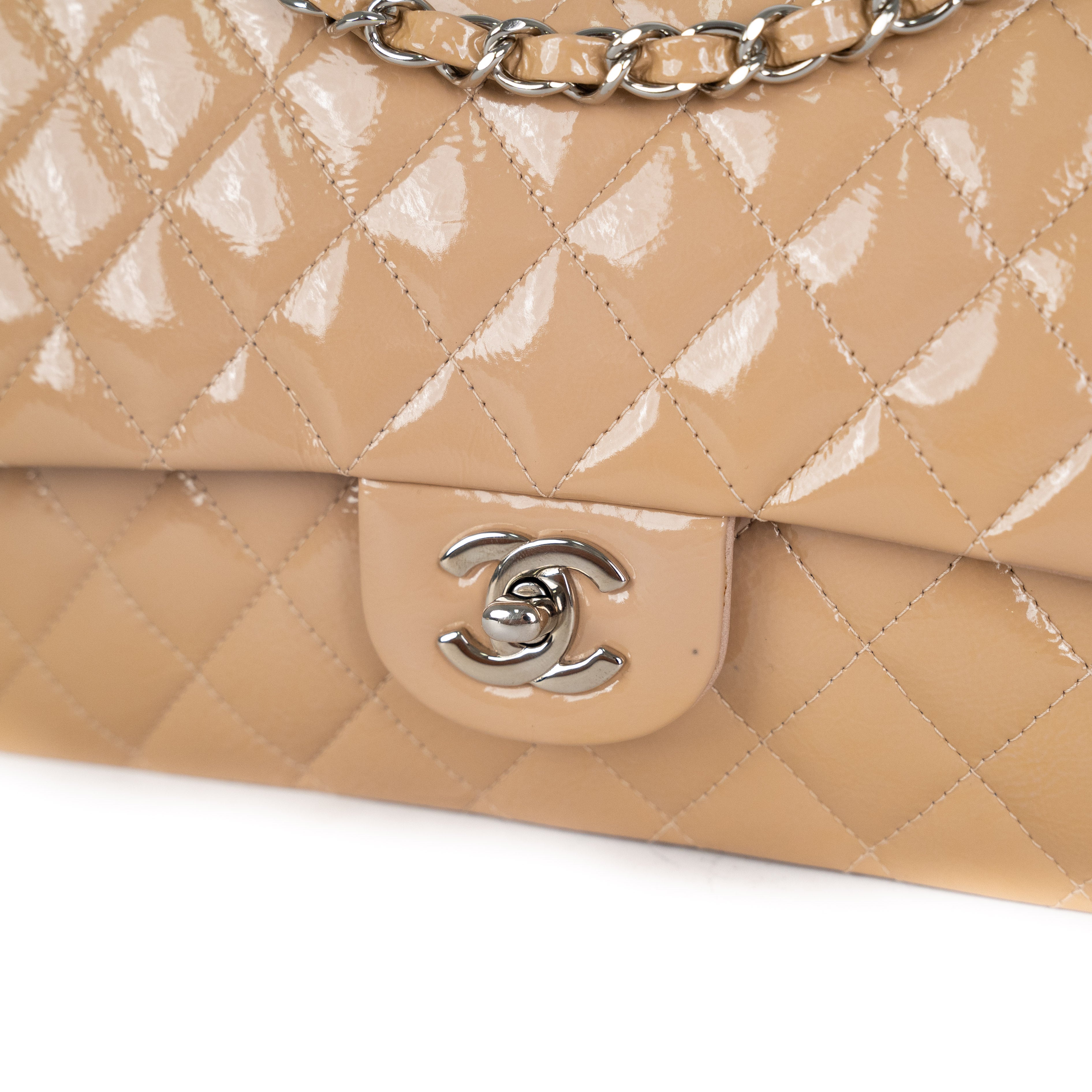 Chanel Patent Leather Medium Classic Flap Bag in Beige | Luxury Designer Handbag for Women | Perfect for Work, Evening Events & Special Occasions
