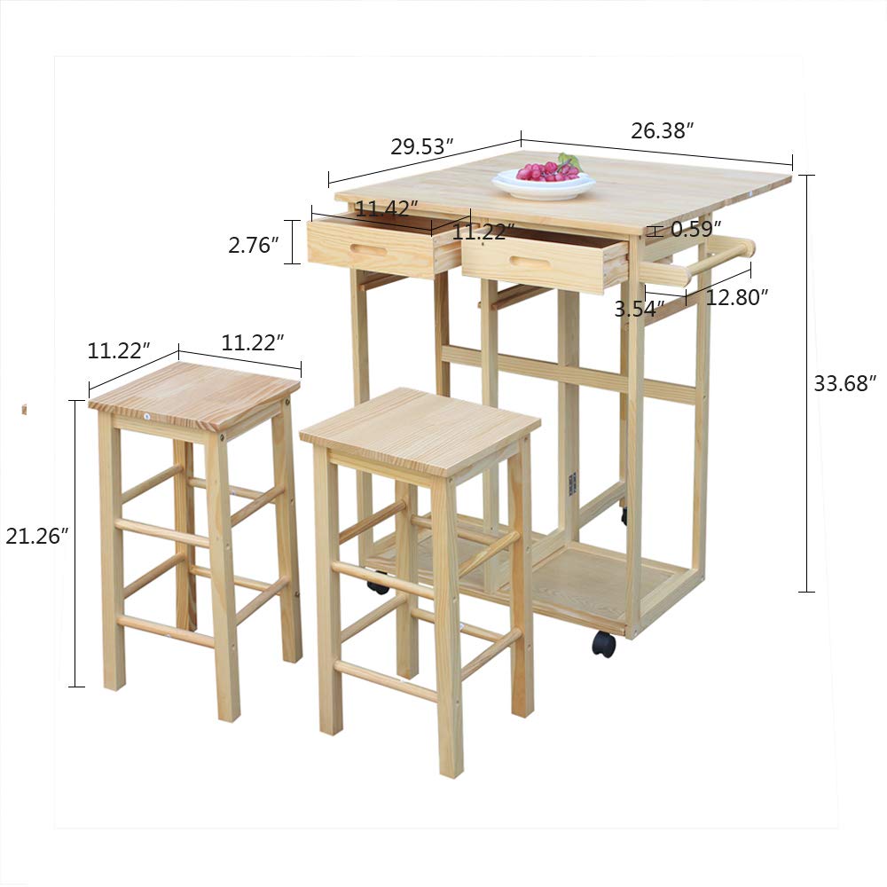 **Solid Wood Kitchen Island Cart with Wheels - Foldable Dining Table & 2 Square Stools, 2 Storage Drawers - Natural Wood Finish for Small Spaces, Breakfast Nook, or Apartment Kitchen**