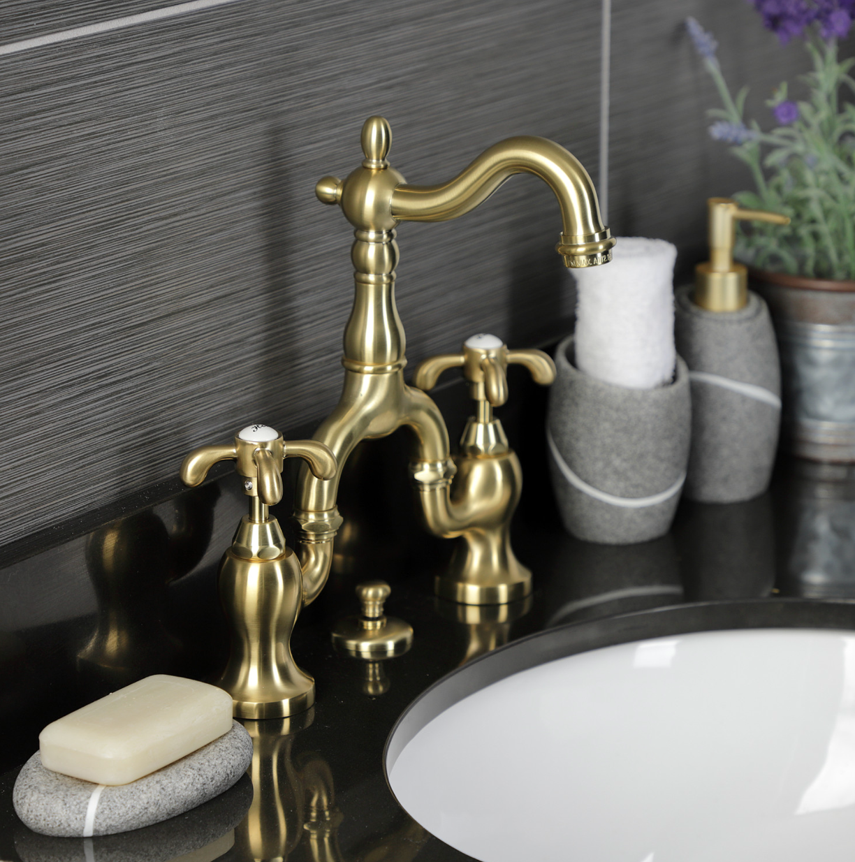 Premium European Bridge Bathroom Faucet with Pop-Up Drain and Spoke Handles - Modern Matte Black Finish for Vanity Sinks, Powder Rooms & Guest Bathrooms
