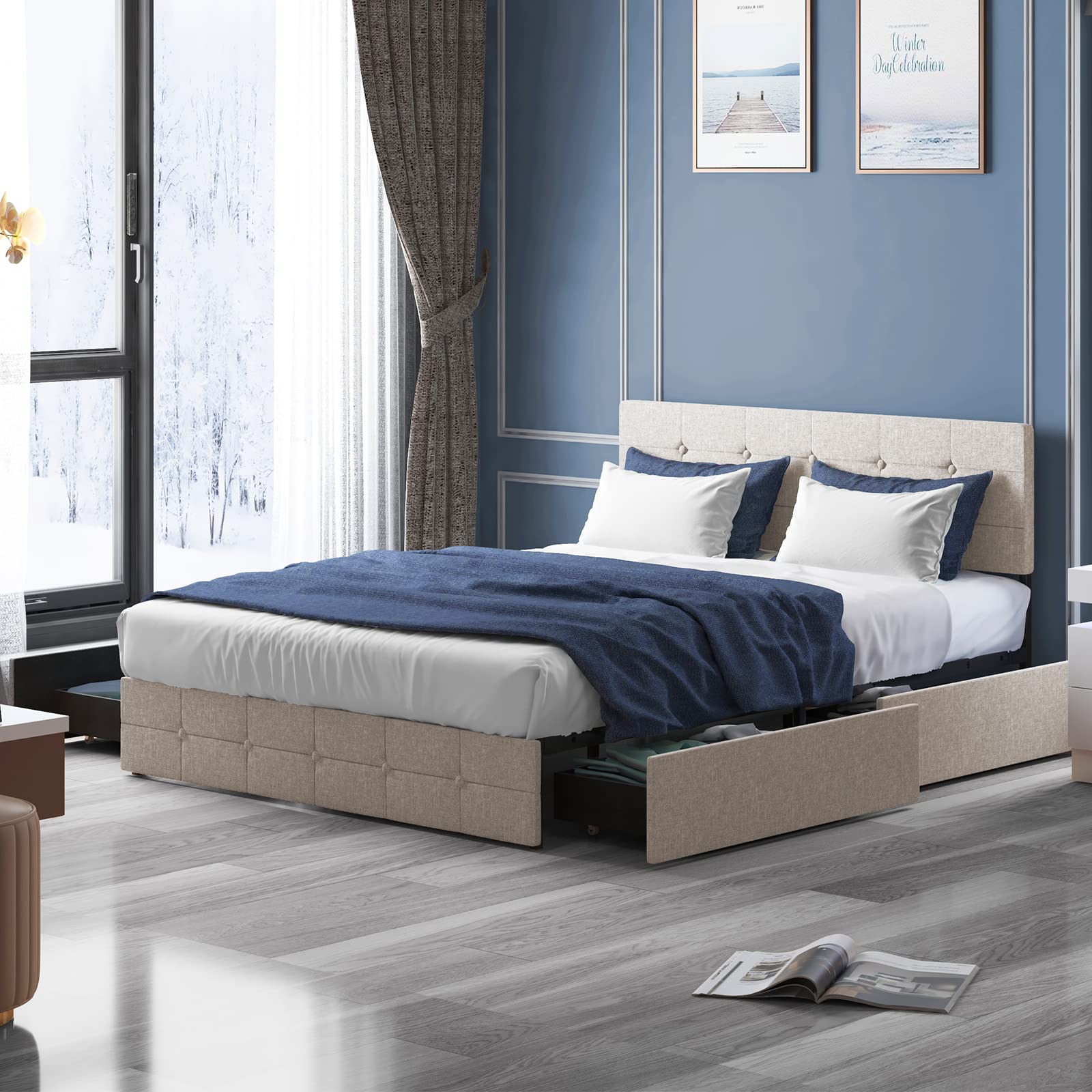Mjkone Full Size Platform Bed Frame with 4 Storage Drawers - Beige Wooden Bed Frame for Small Spaces, Perfect for Apartments & Dorm Rooms