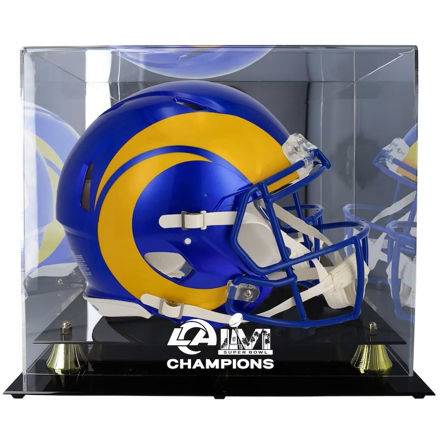 Los Angeles Rams Super Bowl LVI Champions Golden Helmet Display Case - Perfect for Collectors, Sports Memorabilia, and Home Decor