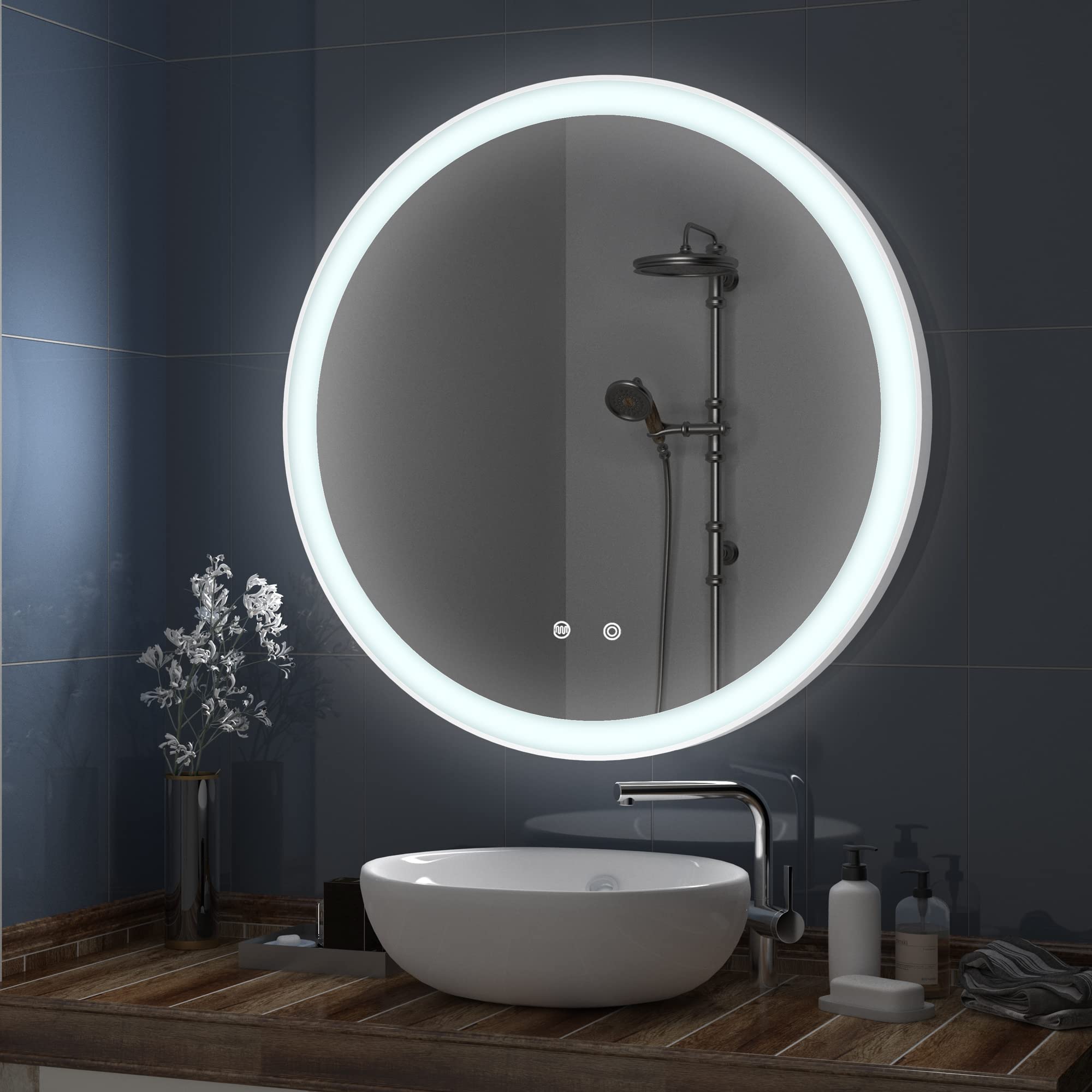 24 Inch Round LED Bathroom Mirror with Anti-Fog & Smart Touch Control - White Metal Frame Wall Mounted Vanity Mirror for Makeup & Shaving - Perfect for Modern Bathrooms & Powder Rooms
