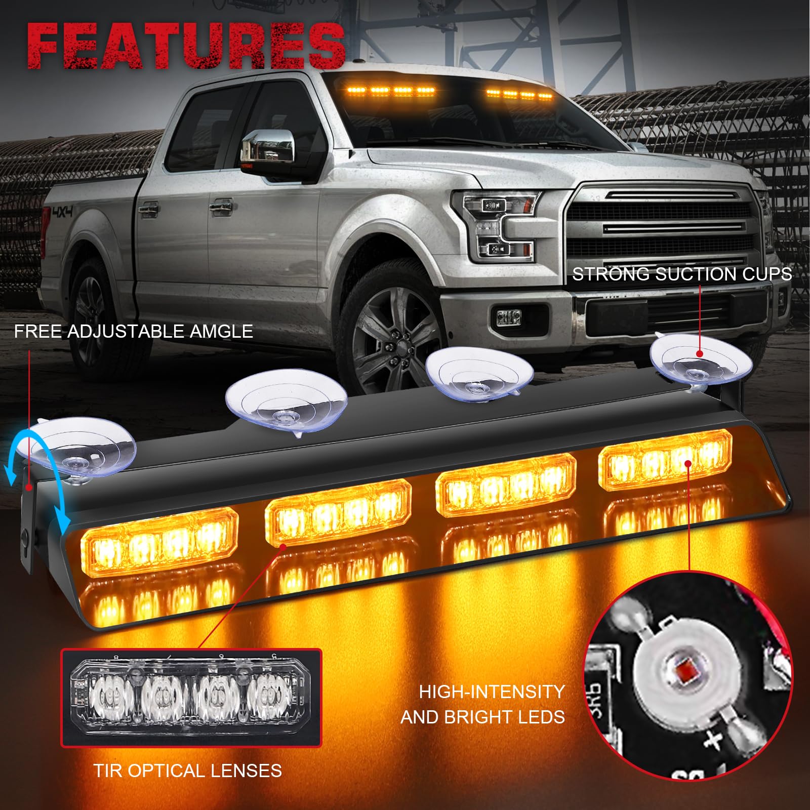 2 in 1 14 Inch Amber Strobe Lights - 32 LED Emergency Dash & Windshield Warning Lights with Suction Cups - Flashing Hazard Safety Lights for Trucks, Construction Vehicles - Ideal for Snow Plows, Road Work & Emergency Scenes