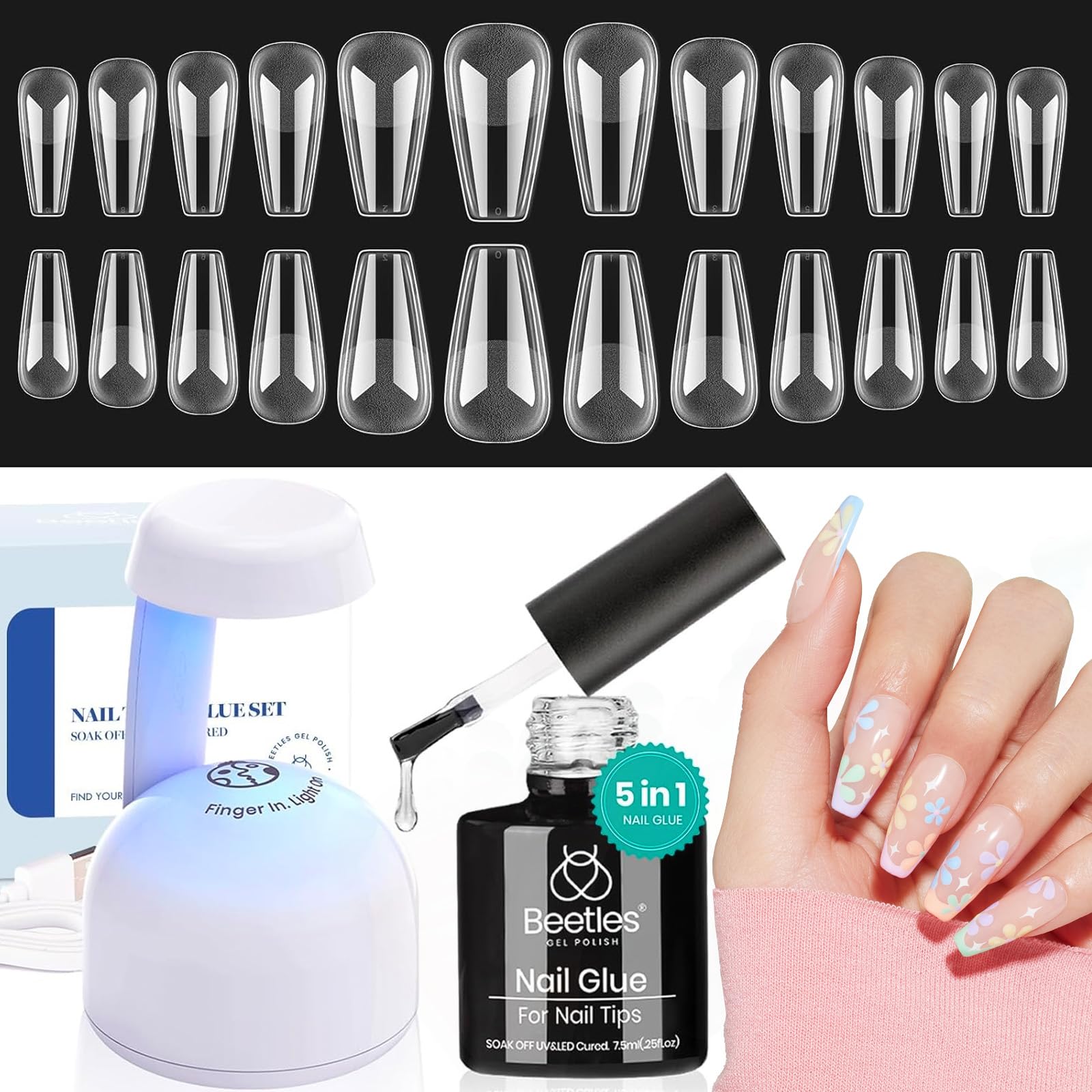 Beetles Gel Nail Kit - 504Pcs Half Matte Medium Coffin Nail Tips with Etch X Tips, 5-in-1 Nail Glue, Base Gel & LED Lamp for DIY Nail Art at Home | Perfect for Salon-Quality Manicures, Nail Extensions & Professional Nail Designs