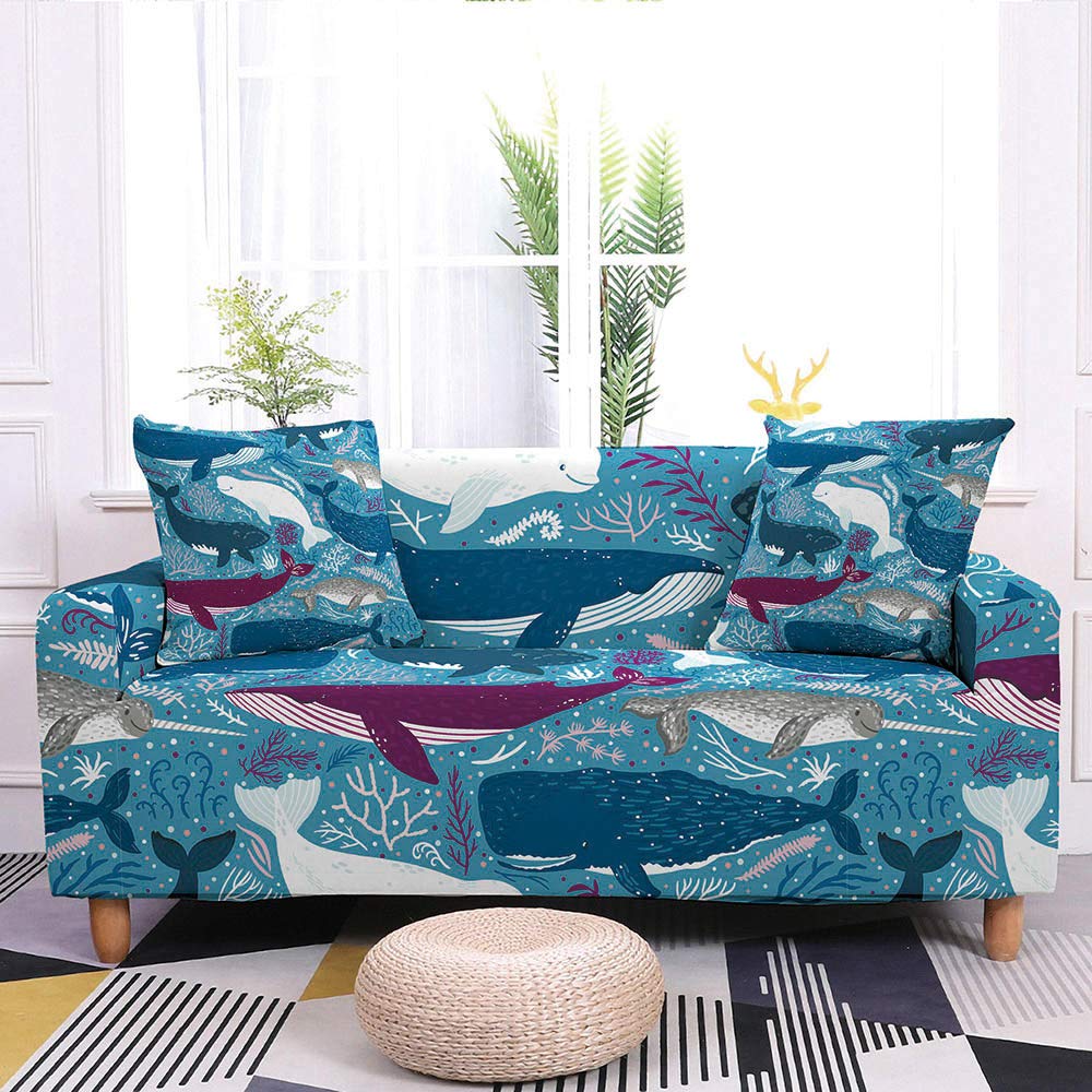 Stretch Sofa Slipcover with Cartoon Shark Print - Elastic, Slip-Resistant, All-Inclusive Couch Cover for 4-Seater Sofas (235-300cm) - Perfect for Living Room, Home Decor & Pet-Friendly Furniture Protection