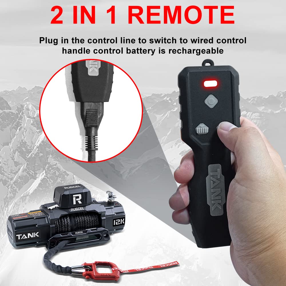 RUGCEL 12000lb Waterproof Electric Winch with Synthetic Rope - 12V Truck & SUV Winch Kit with Hawse Fairlead, 2-in-1 Remote Control (Infrared & Wired) - Ideal for Off-Roading, Recovery, Towing & Heavy-Duty Vehicle Use