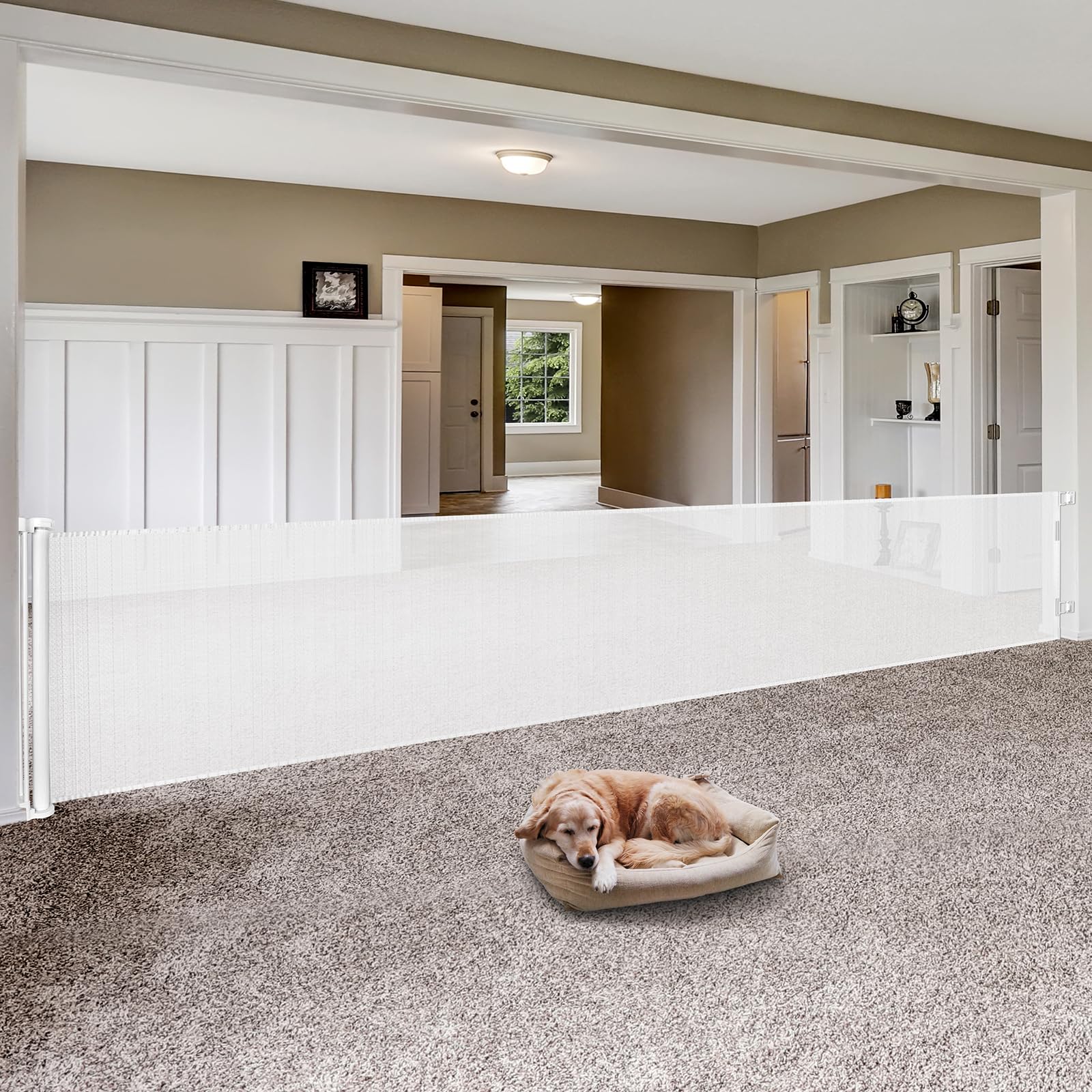 150 Inch Extra Wide Retractable Baby Gate & Pet Gate - Indoor/Outdoor Safety Barrier for Large Openings, Doorways, and Living Rooms - White Mesh Design for Dogs & Babies - Perfect for Stairs, Hallways, and Wide Spaces
