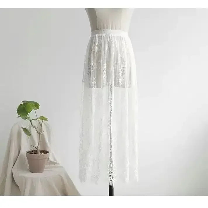 Elegant Black and White Lace High Waist Midi Skirt - Long Tulle Skirt with Elastic Waistband for Women - Perfect for Beach, Wedding, Party & Formal Occasions
