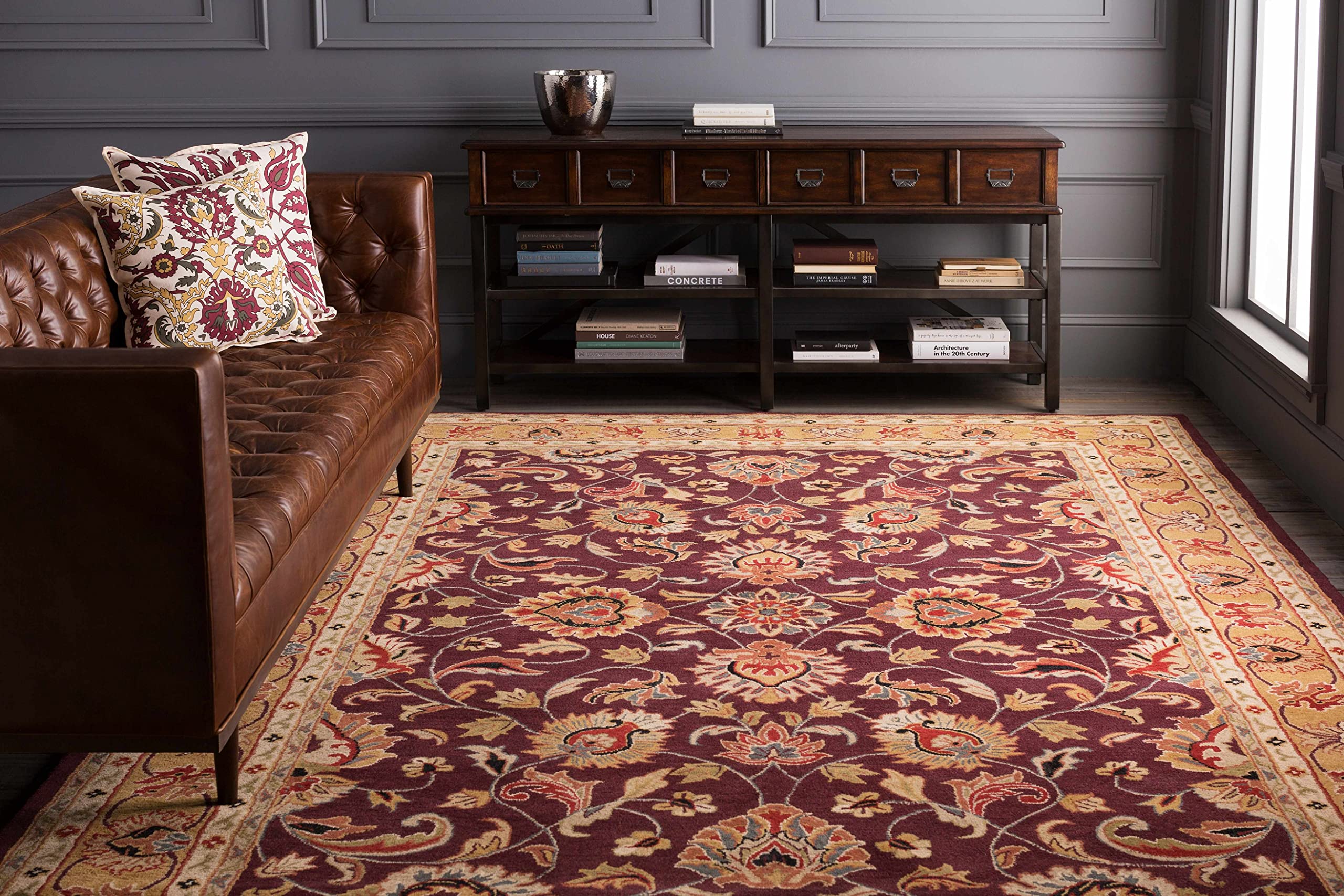 Hauteloom Cherryvale Wool Area Rug for Living Room & Bedroom - Traditional Style Round Rug in Black, Beige, Red - 9'9