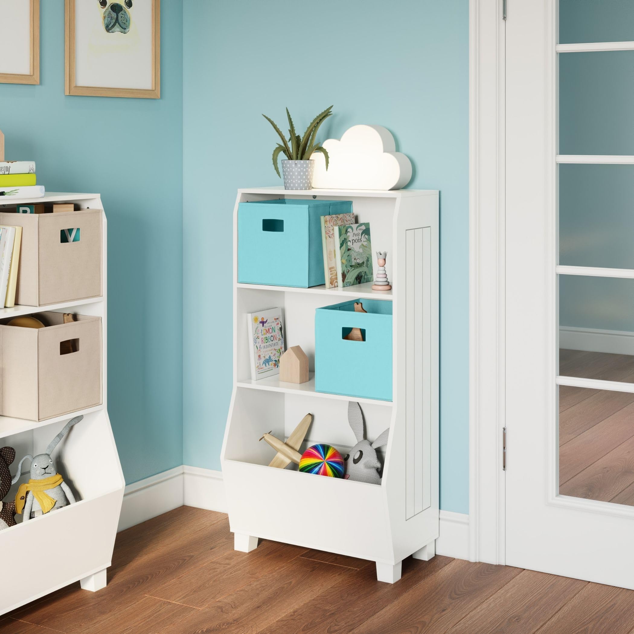 RiverRidge Kids Bookshelf with 2 Open Shelves & 2 Aqua Fabric Storage Bins - Multifunctional Toy Organizer, Book Storage & Kids Room Decor - Perfect for Bedroom, Playroom & Classroom Organization
