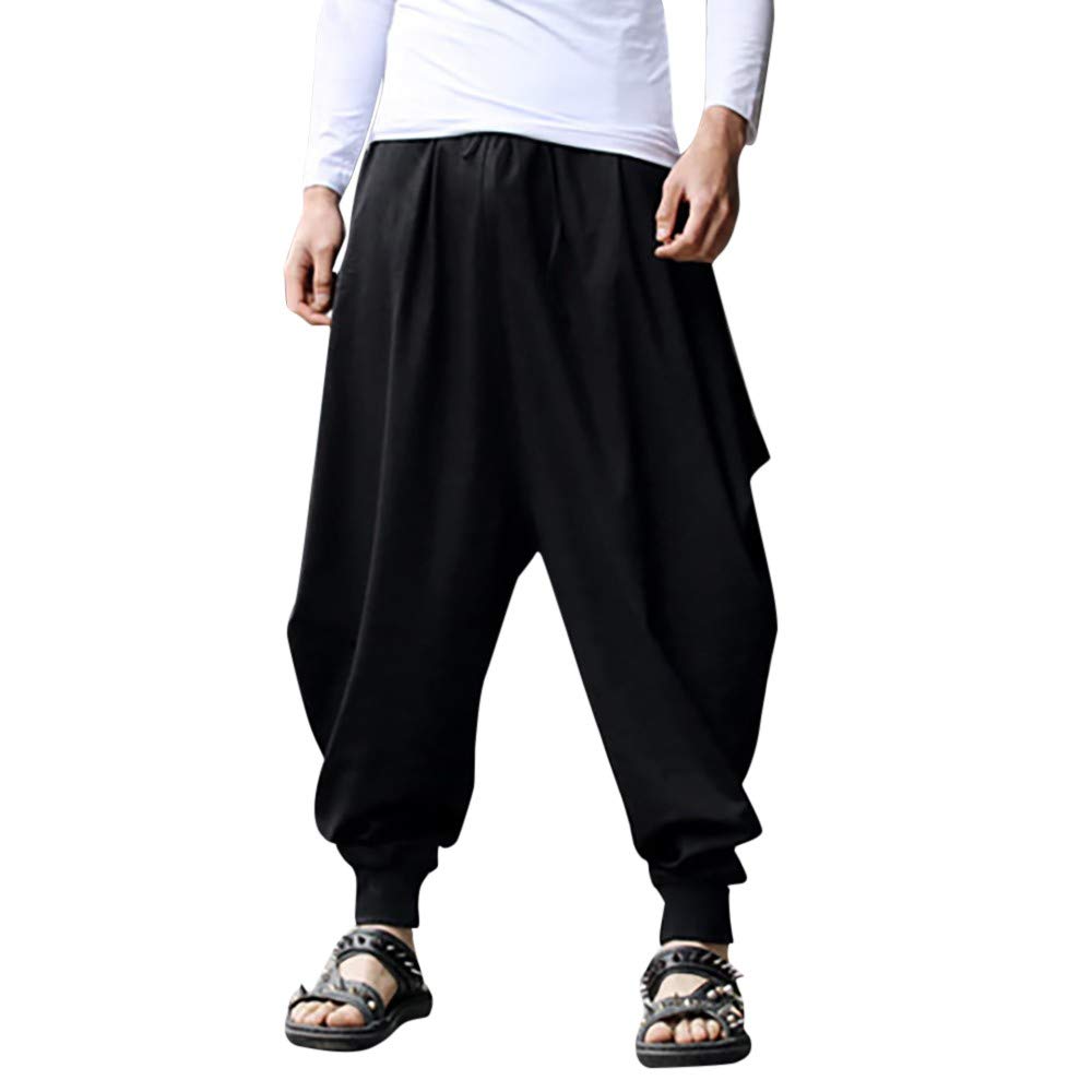 LIULQF Men's Gypsy Solid Harem Pants - Retro Baggy Linen Cotton Trousers for Festival & Casual Wear | Slim Fit Scrub Pants for Yoga, Travel & Boho Style