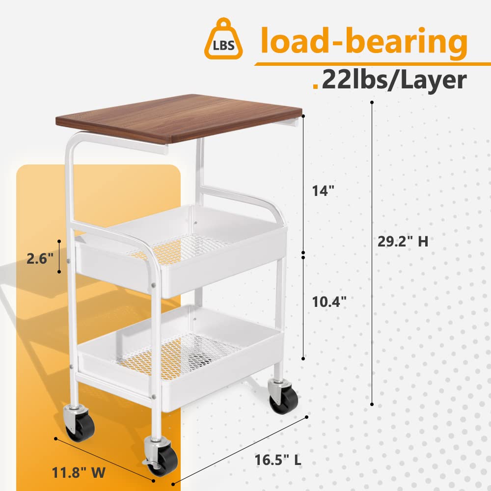 3-Tier Rolling Utility Cart with Wooden Tabletop & Lockable Wheels - Metal Storage Organizer for Kitchen, Office, Bedroom - Perfect for Mobile Workstation, Pantry Organization & Home Decor (White)
