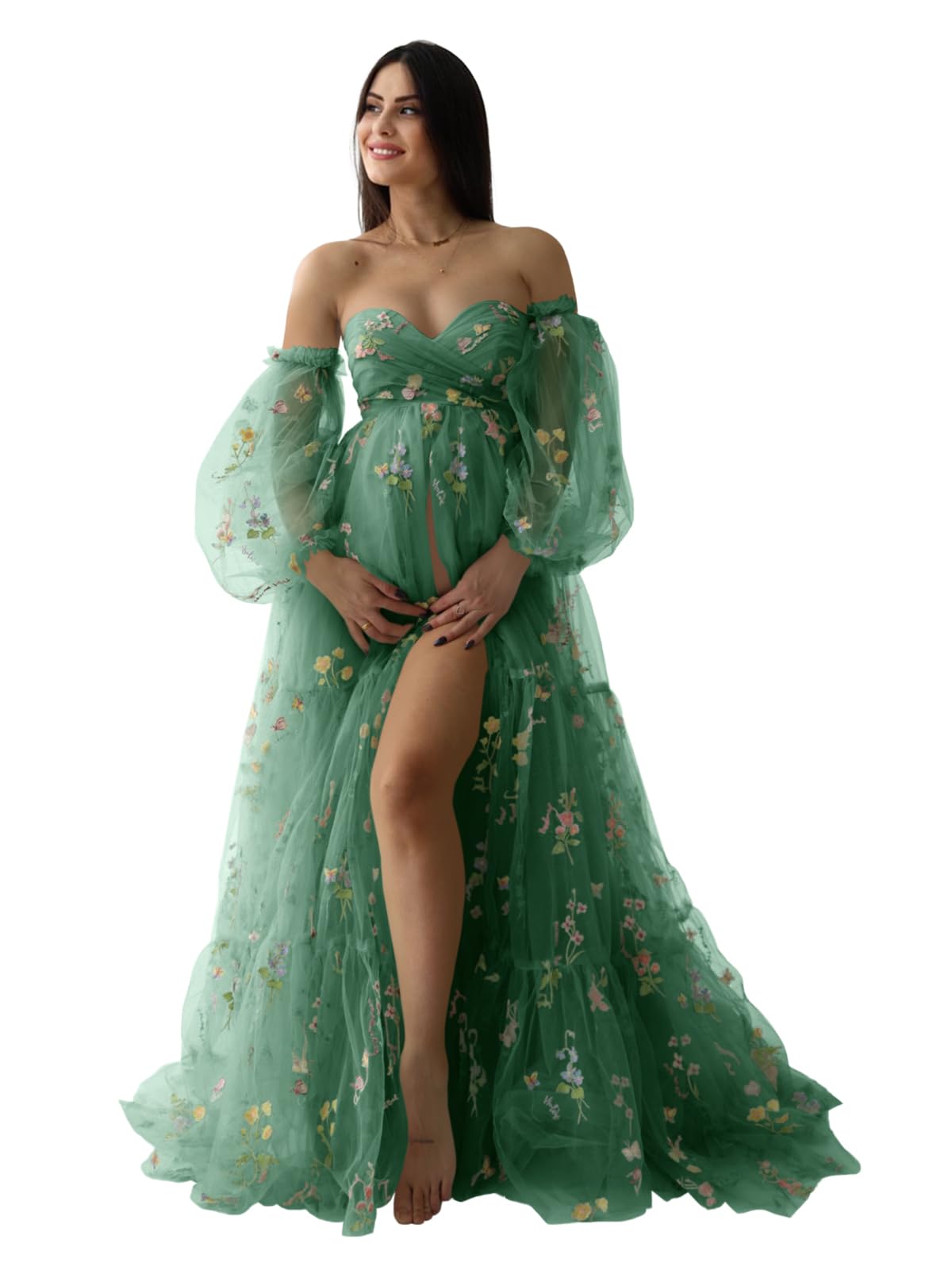Elegant Flower Embroidery Tulle Maternity Robe - Puffy Sleeve Bridal Lingerie Dress for Baby Shower, Photoshoot & Pregnancy Photos - Soft Long Dress for Special Occasions